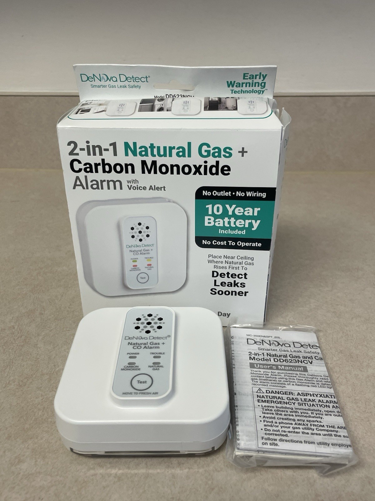 DeNova Detect 2-in-1 Natural Gas Carbon Monoxide Detector Voice Alert 10 YR Batt