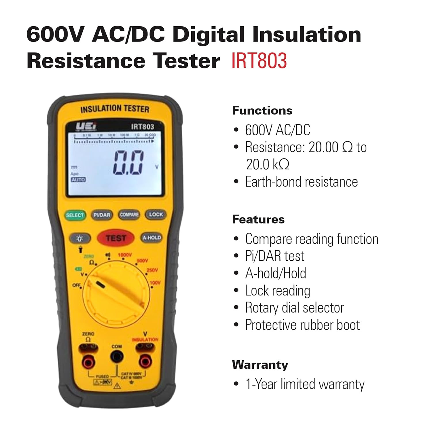 Uei IRT803 Insulation Resistance Tester 600V AC/DC, Megohmmeter Measures Insulat