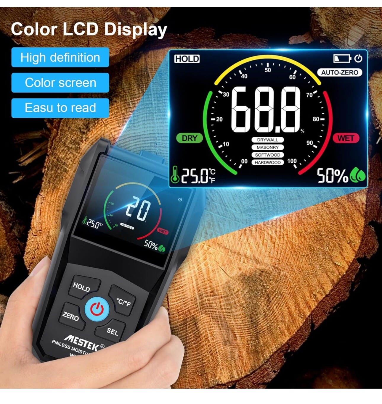 Pinless Moisture Meter Non-Destructive Moisture Detector 4 Wood Drywall Masonry
