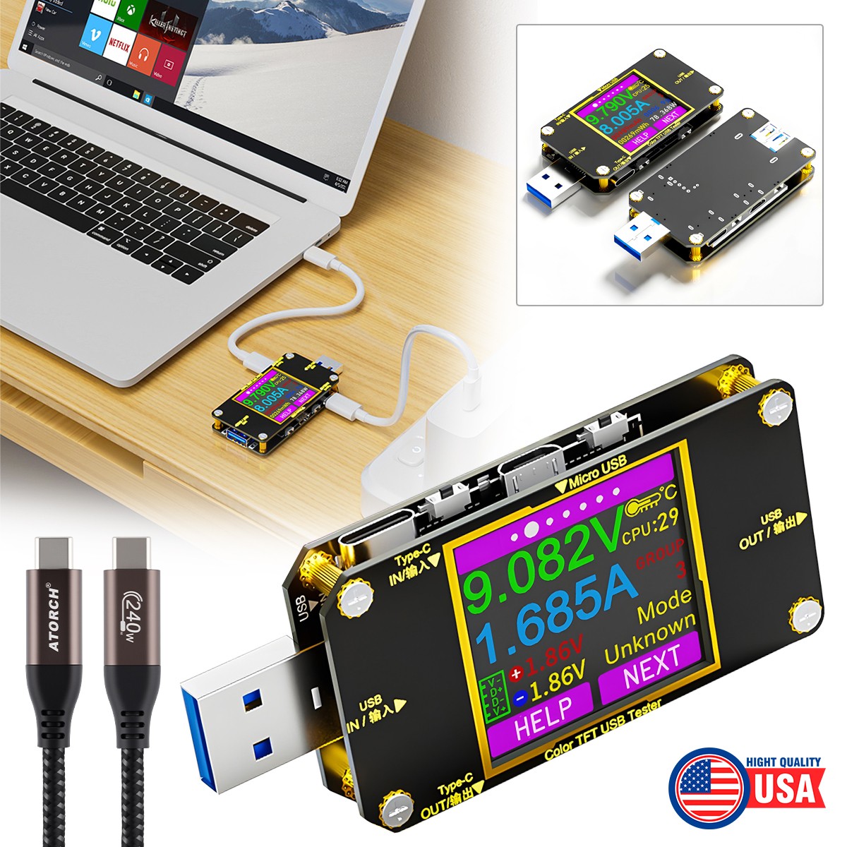 USB Type-C Meter Tester Digital Multimeter Current Voltage Power Detector +Cable