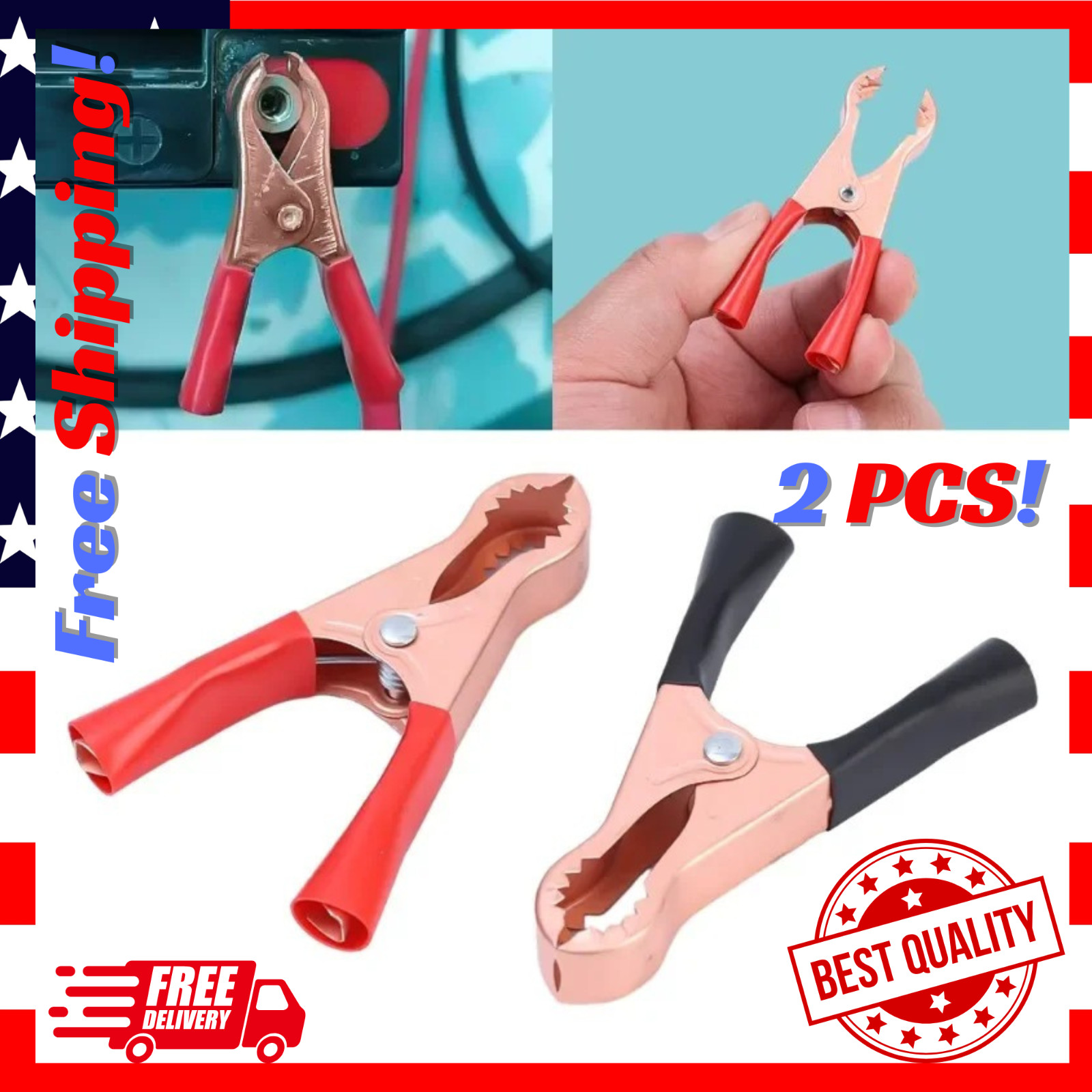 2pcs 70mm 50A Red & Black Car Battery Test Lead Clip Crocodile Alligator Clamps
