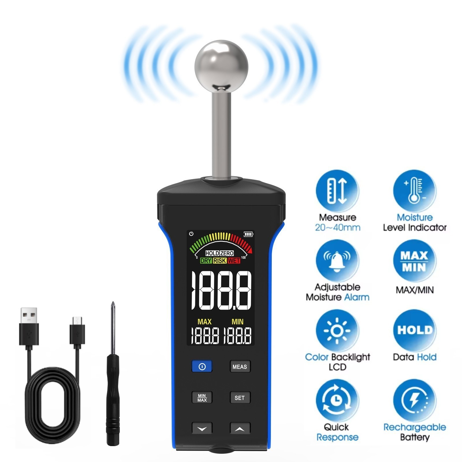 Pinless Moisture Meter with Ball Probe for Non-Destructive Area Scans Wood Walls