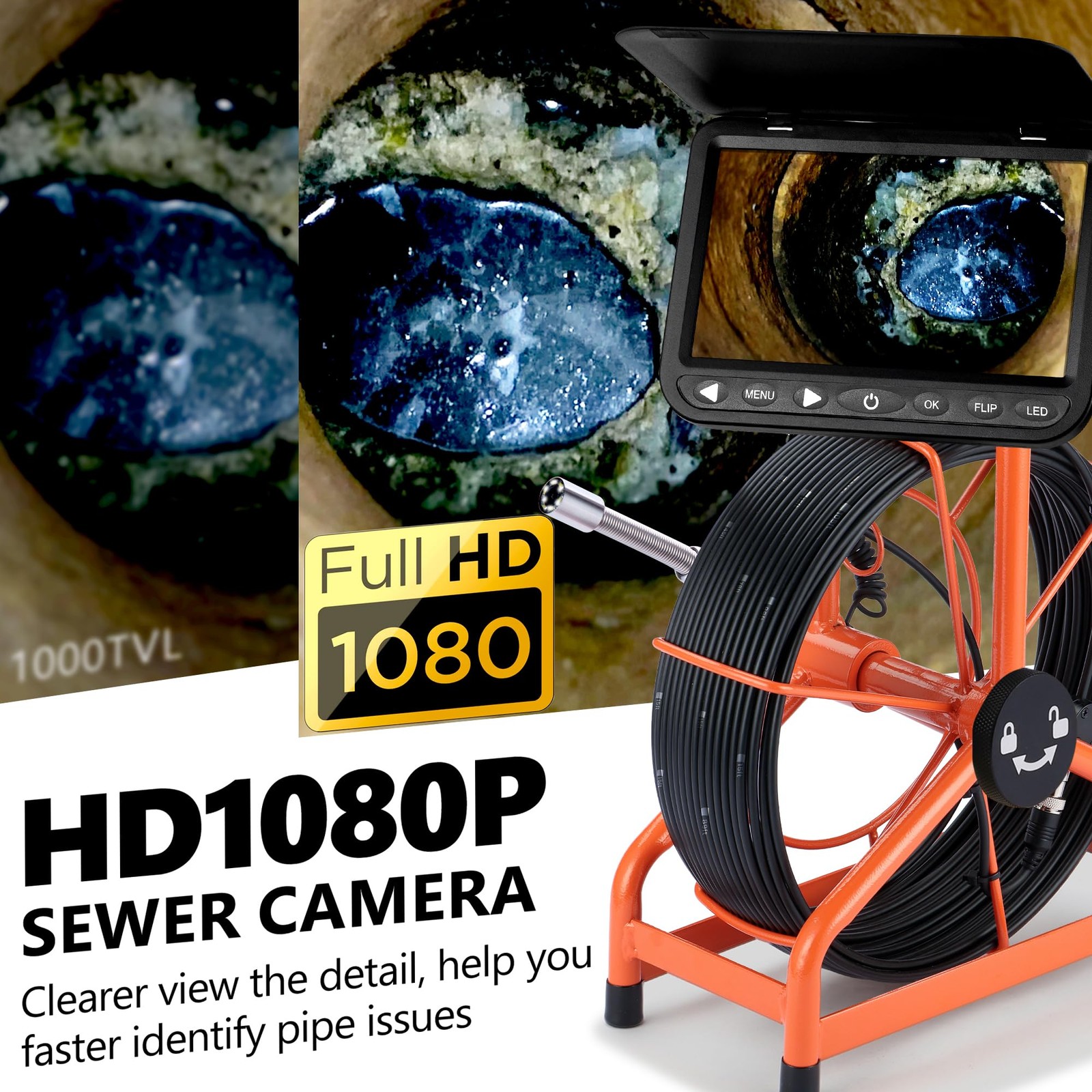 𝟐𝟎𝟐𝟔 𝐧𝐞𝐰 7” Sewer Camera, HD 1080P w/DVR-32GB, [New 1s Twist-to-Unlock
