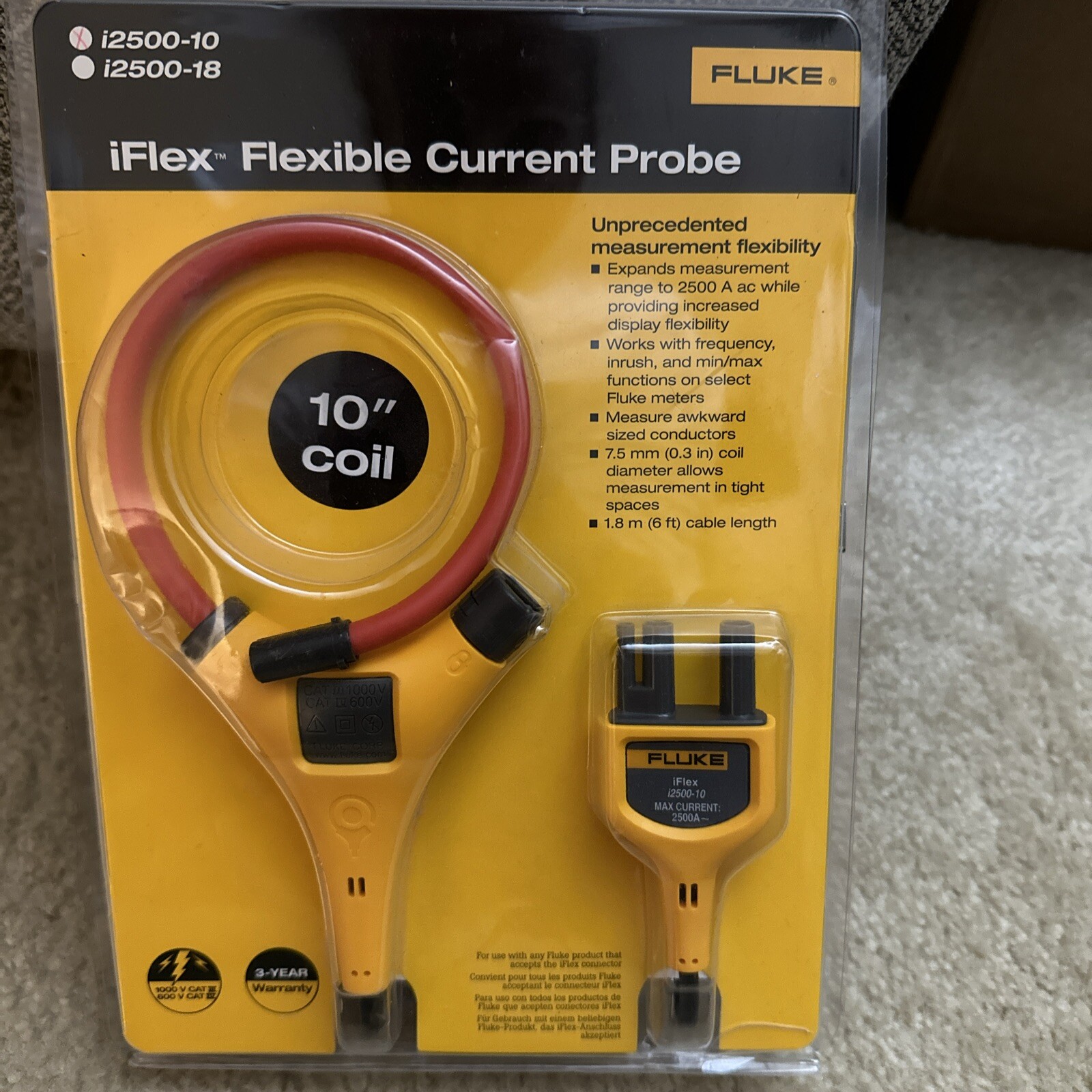 Fluke I2500-10 iFlex Flexible AC Current Clamp, 2500A AC, 10 in.