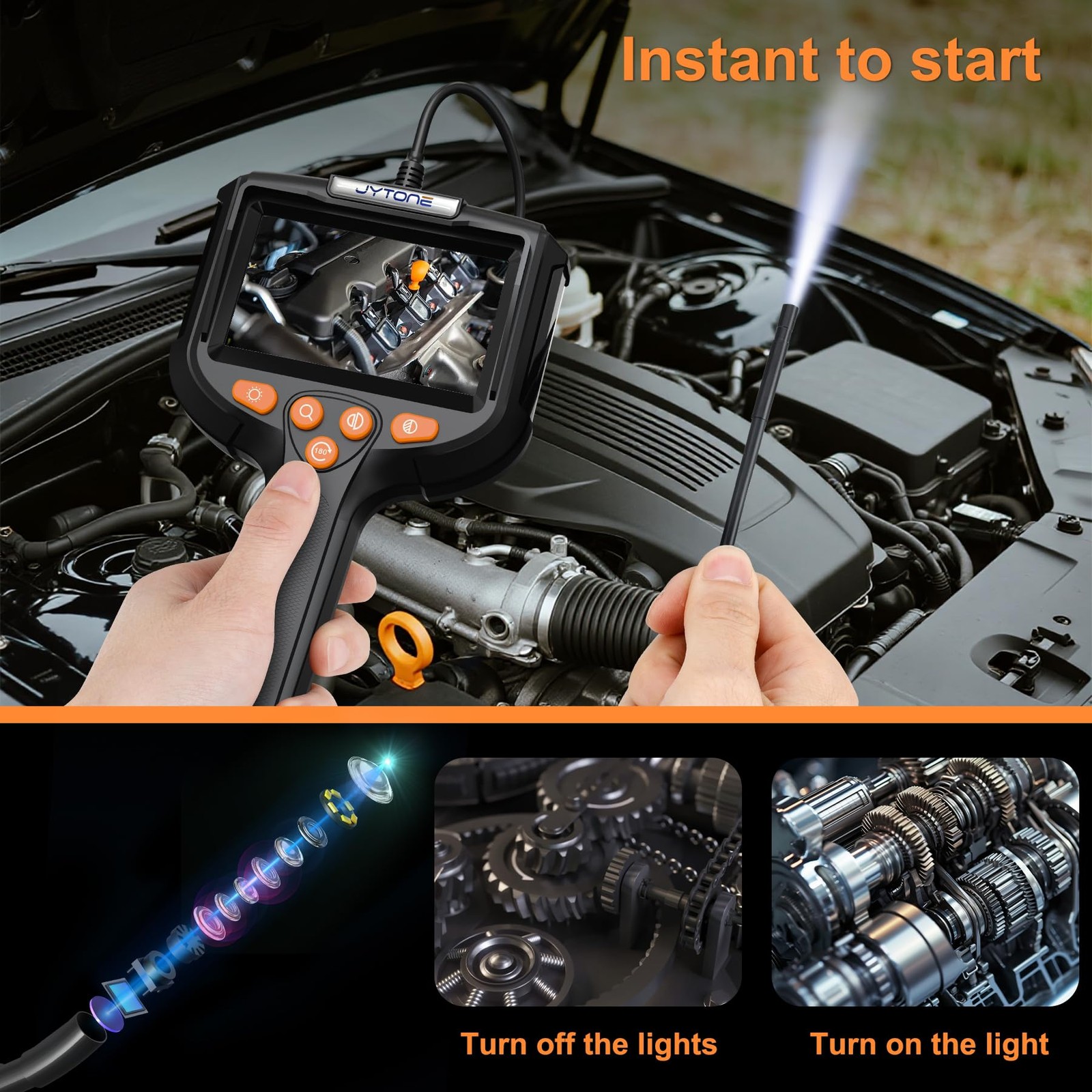 JYTONE Borescope with Light, 4.3-Inch HD Display, 5.5mm Lens, 6.6 ft, Black