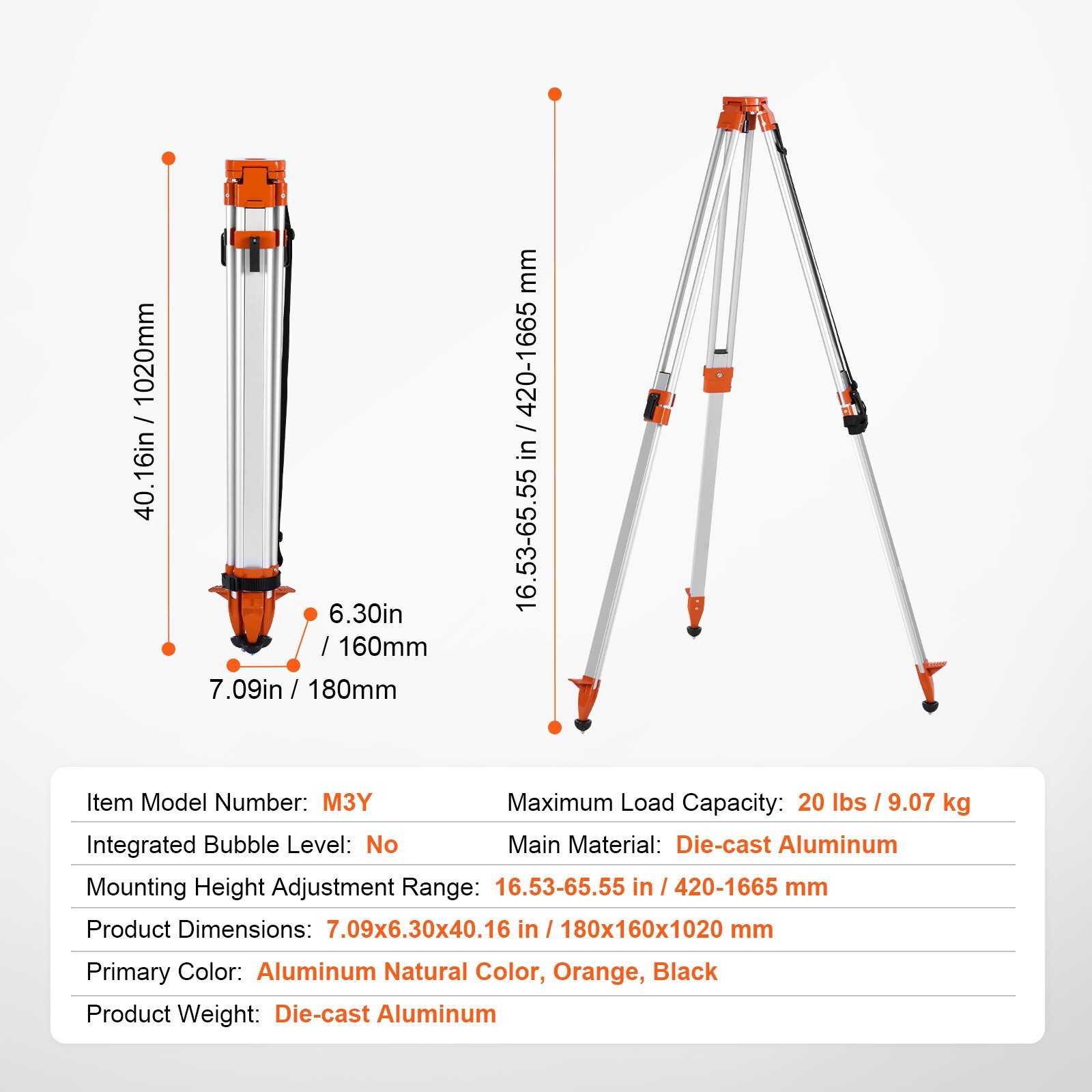 VEVOR Laser Level Tripod Stand 5/8″-11 Thread 16.53-65.55 in Height Adjustment