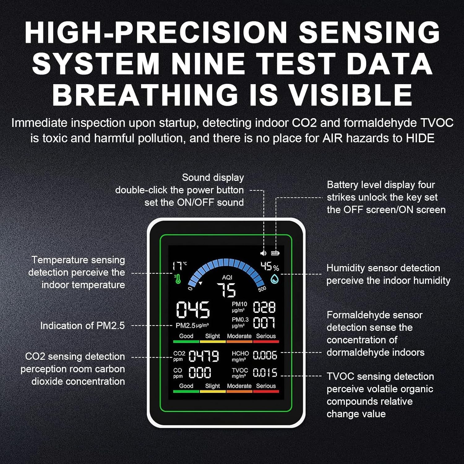 MT13 10-in-1 Indoor Air Quality Monitor, Real-time AQI Tester