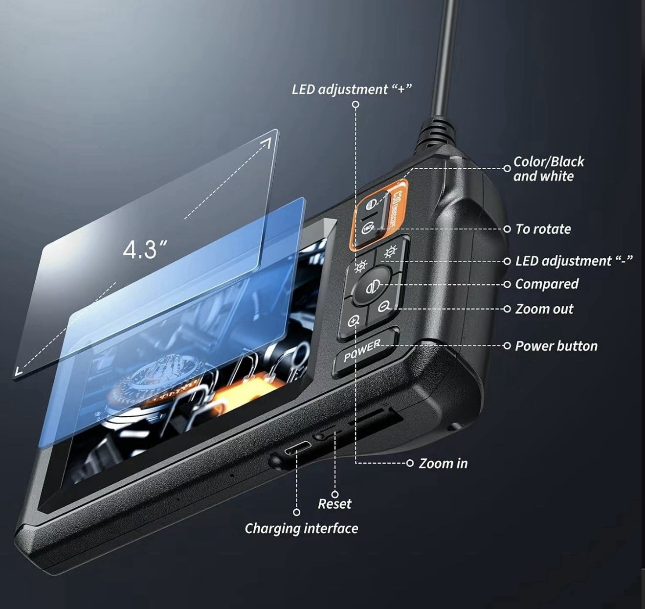 1080P HD Industrial Endoscope Borescope LCD 4.3inch 8mm Inspection Dual Lens