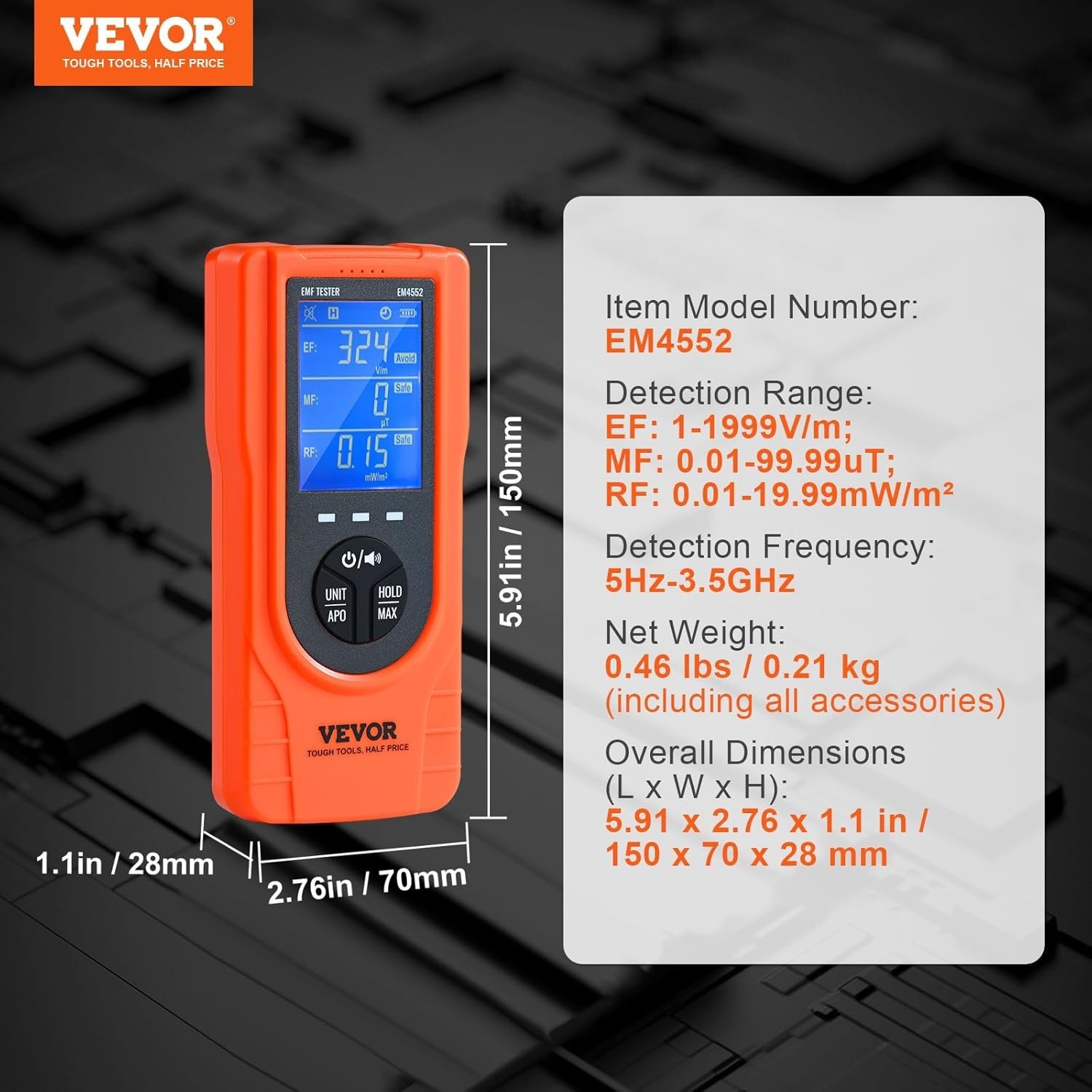 EMF Meter Electromagnetic, 3-in-1, Radiation Detector, 5Hz-3.5GHz, Rechargeable