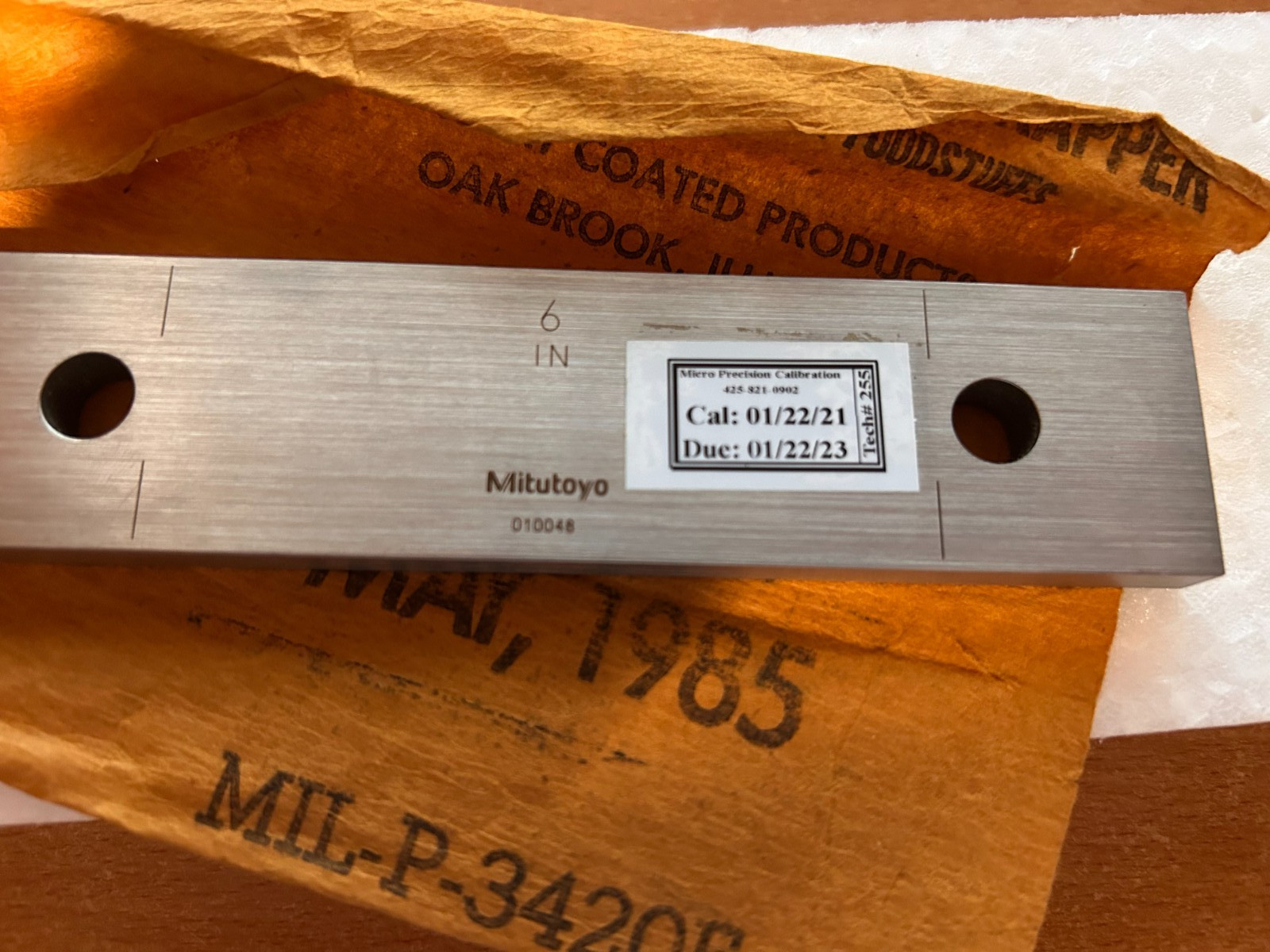 Mitutoyo 611206-241 6 Inch Rectangular Steel Gage Block Inspection