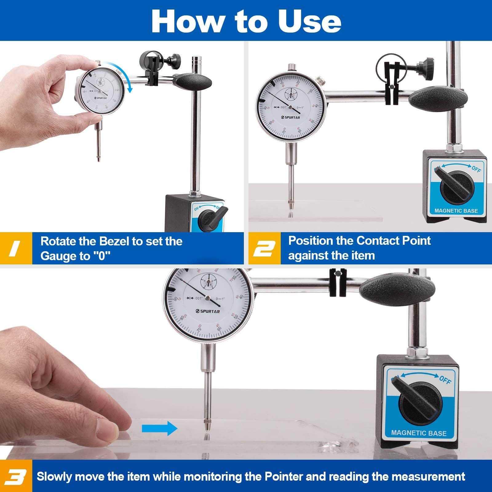 Spurtar Dial Indicator with Magnetic Base 0-1” Test 0.001”…