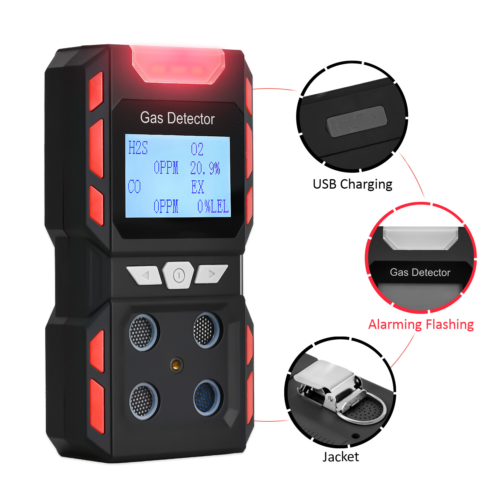 Rechargeable 4 in 1 Gas Detector 4-Gas Monitor-Meter Tester with Belt Clip