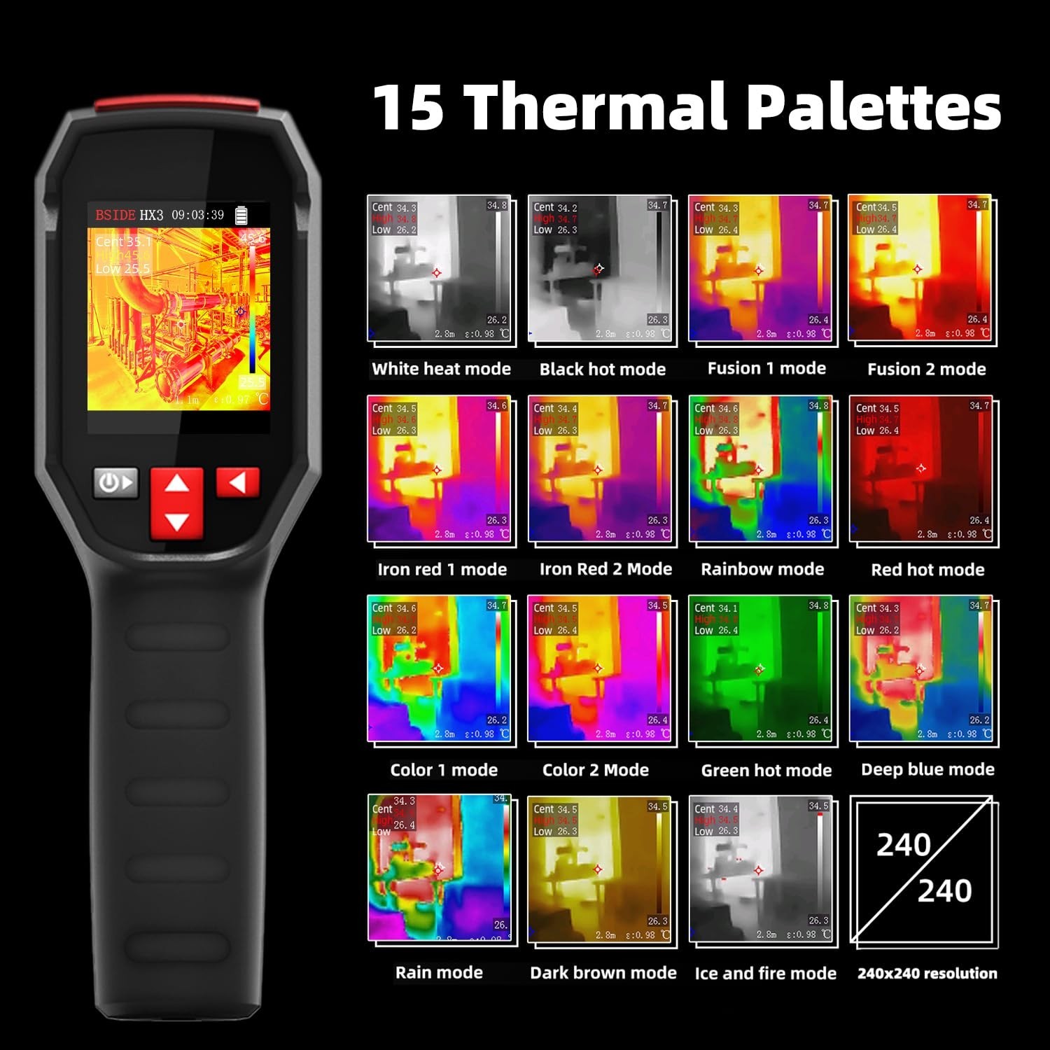 240 x 240 Resolution Handheld Infrared IR Camera, 15 Thermal Palettes with 32…