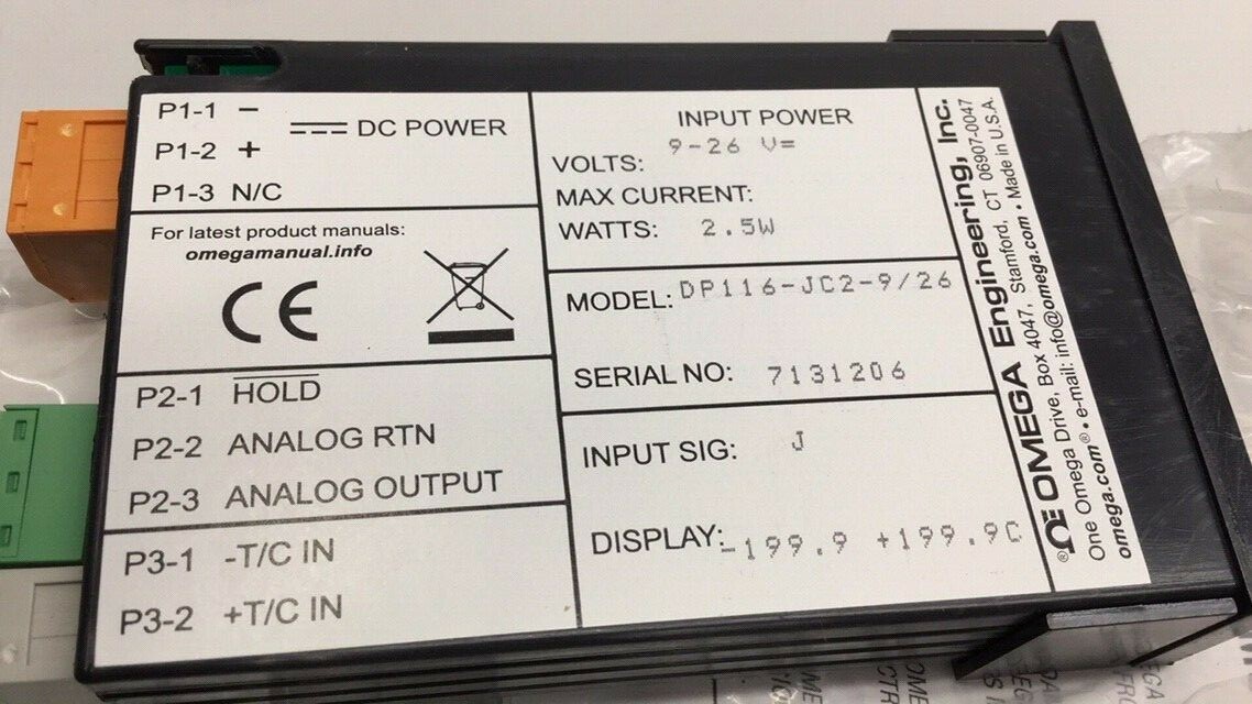 Omega DP116-JC2-9/26 Temperature Panel Meter 3 1/2 Digit Mini-size