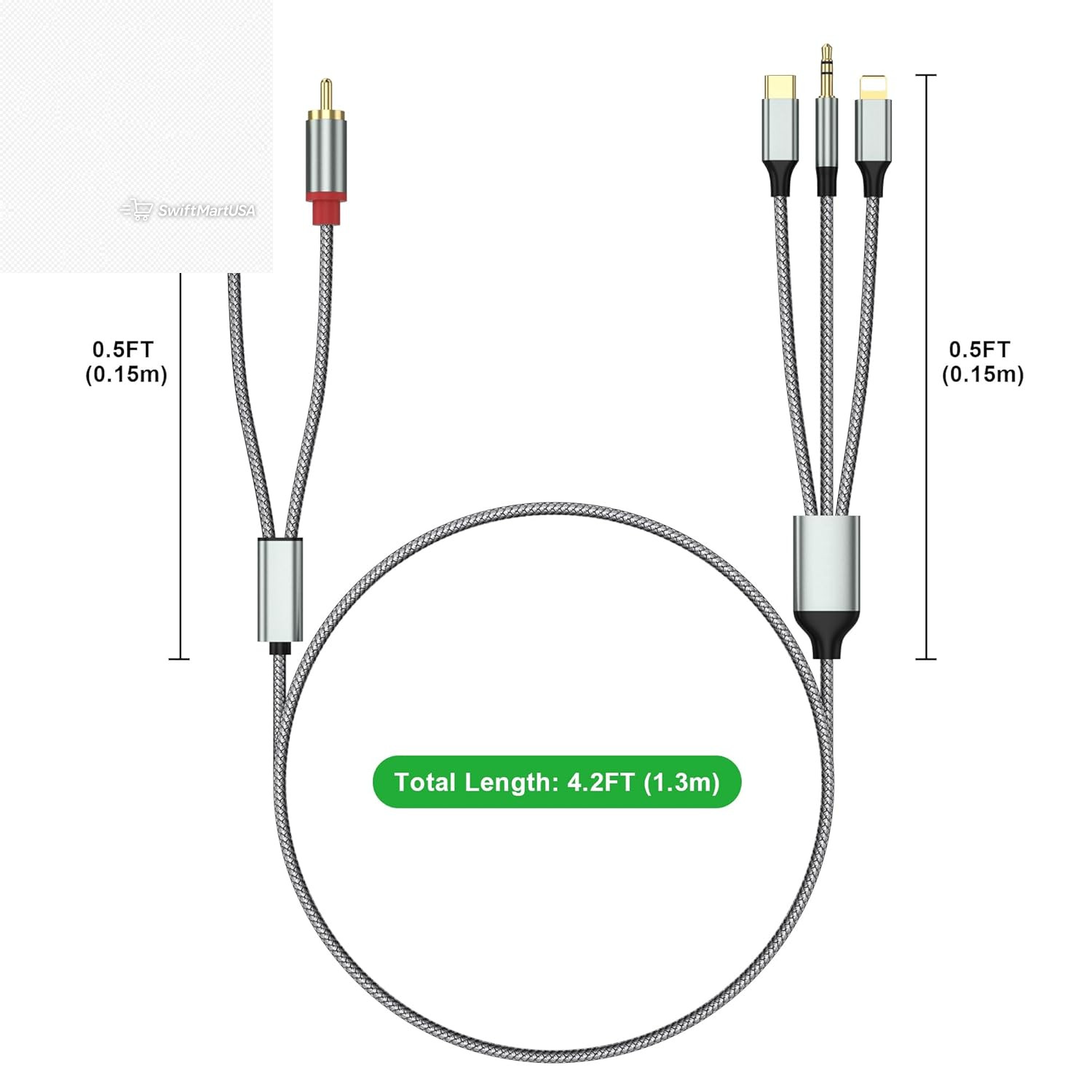 3 in 1 RCA Audio Cable Lightning USB-C 3.5mm Aux to 2 RCA Amp Home Theater 4.2Ft