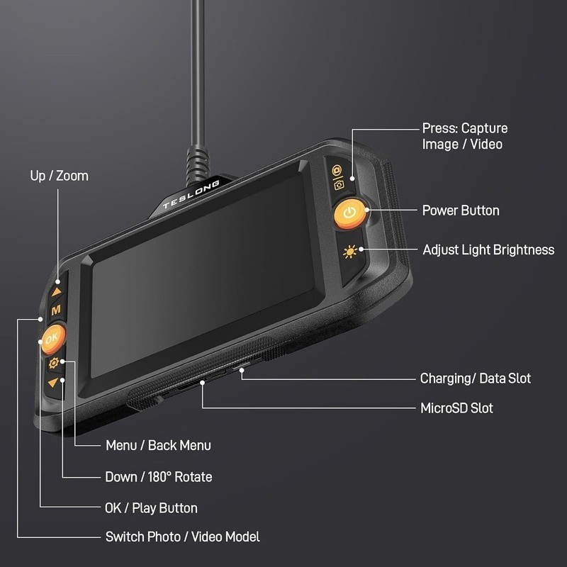 Borescope Inspection Camera 8 LED Lights 4.3 Inch Screen 16.5ft Semi-Rigid Cable