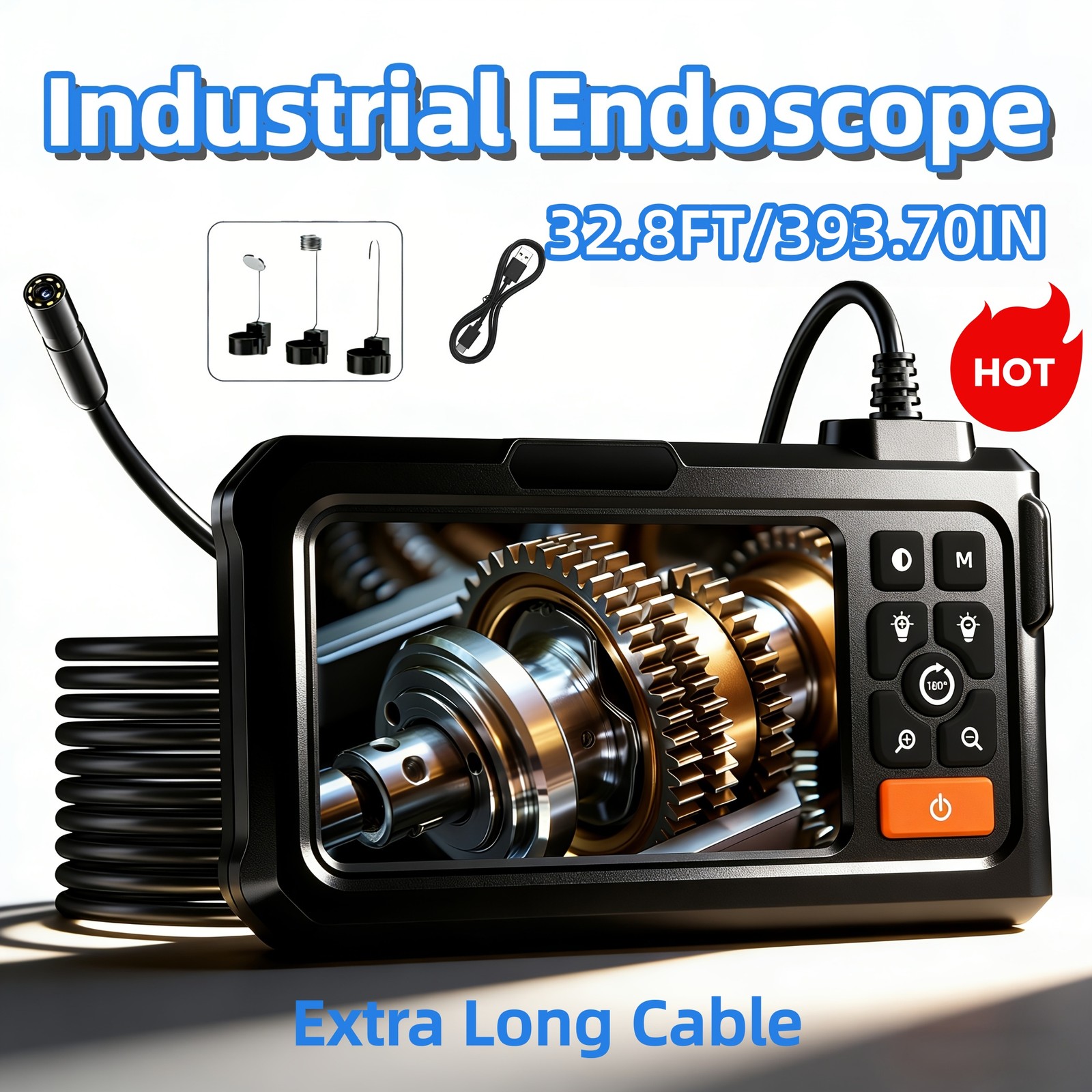 Industrial endoscope, screen-equipped endoscope, semi-rigid camera cable