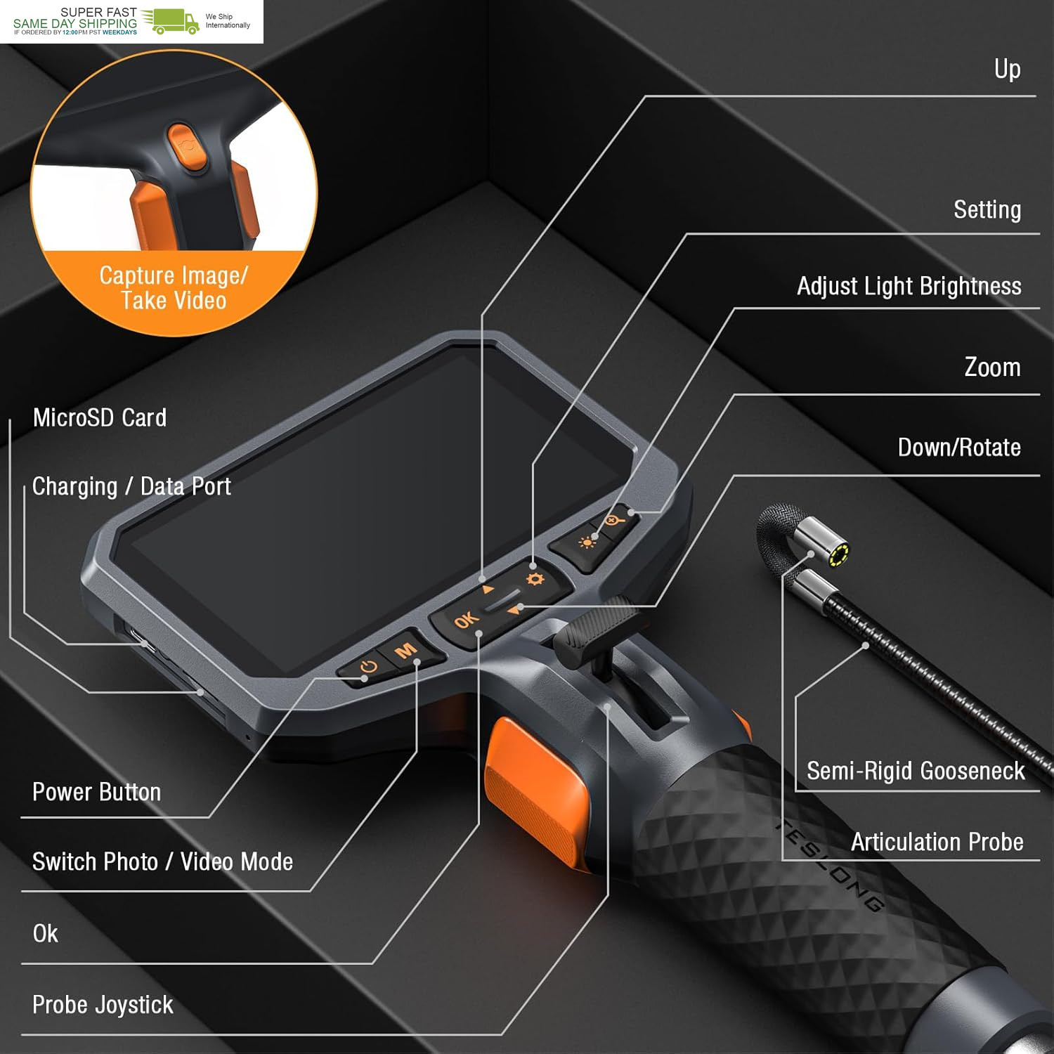 Industrial Endoscope Inspection Camera with Articulated Probe, Flexible Mechanic