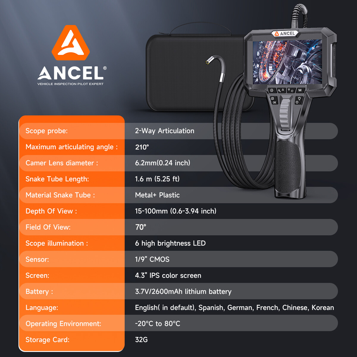 4.3 Inch 210° 6.2mm Industrial Endoscope Camera Two-Way Articulating Borescope