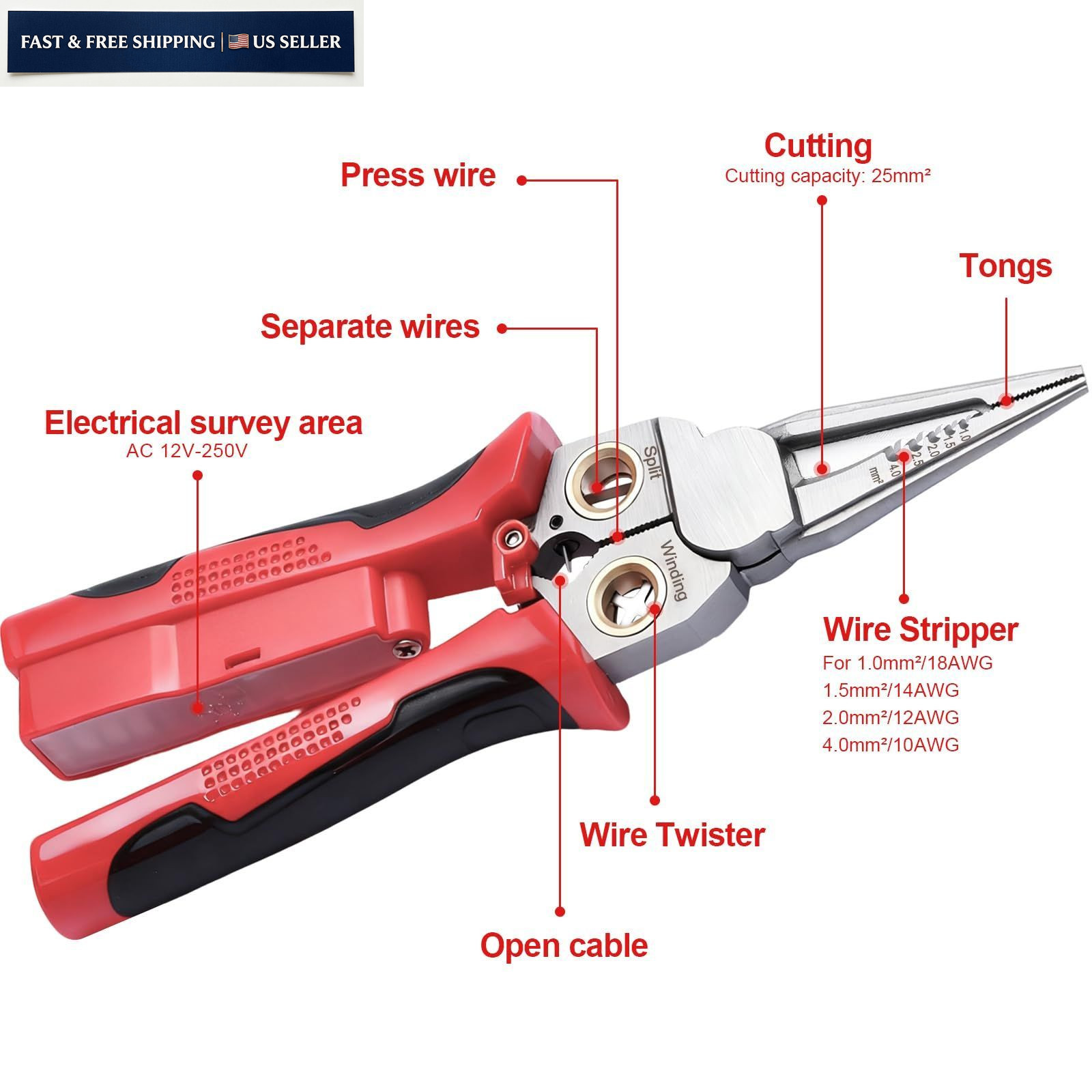 JEJIEFI Pro 8-in-1 Wire Stripping Pliers with Voltage Tester for Red