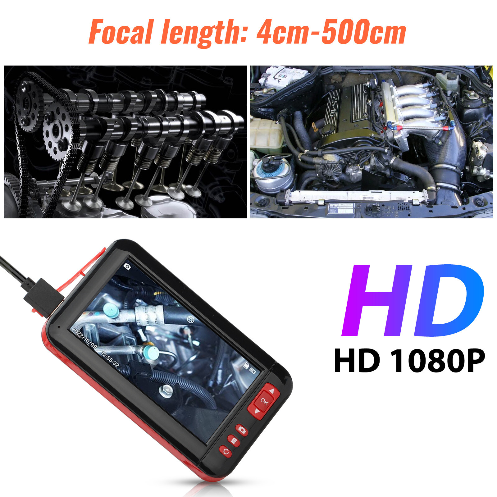 1080P HD Industrial Endoscope Borescope 4.3” Screen 8mm Inspection Snake Camera