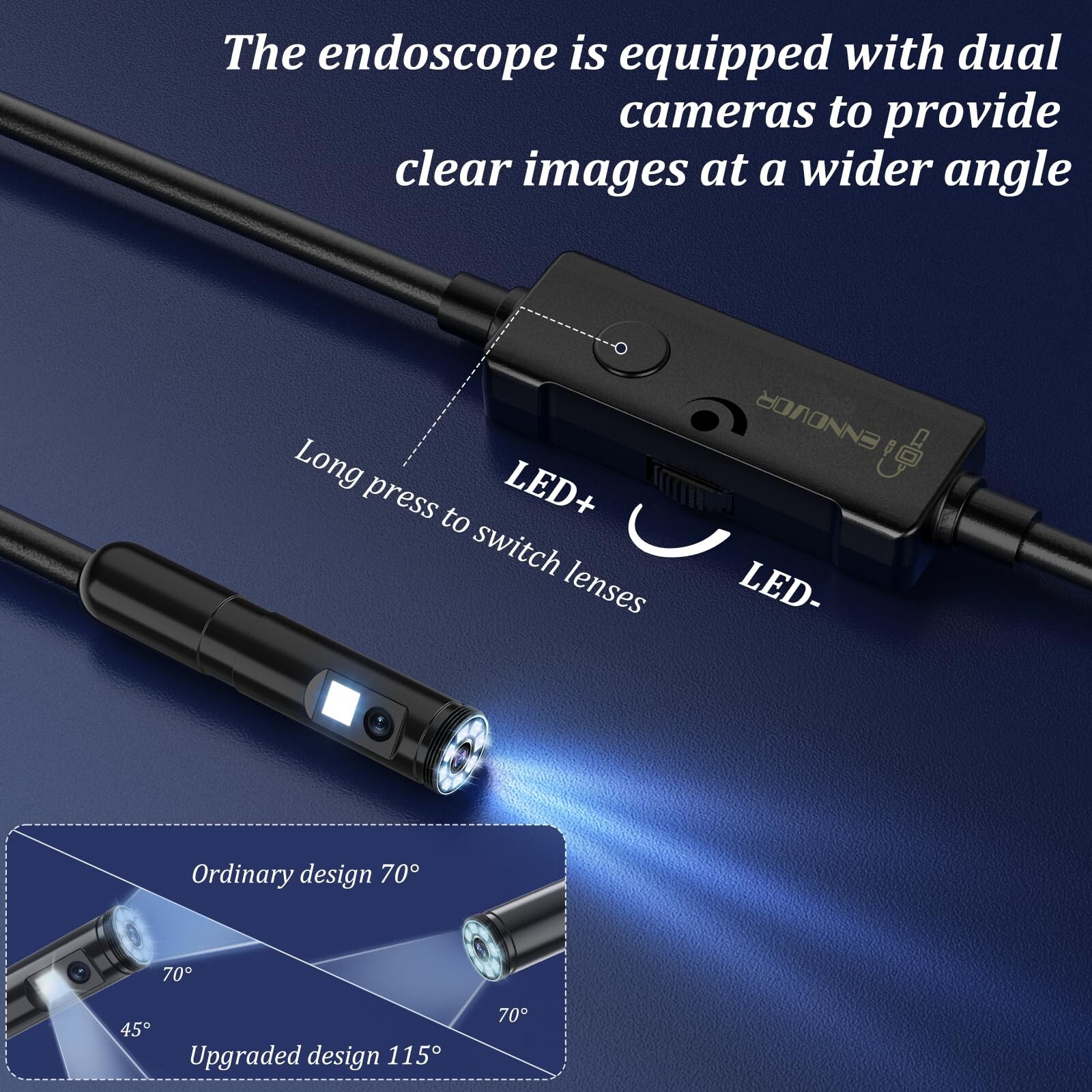 Endoscope Dual-Lens 1920P HD Borescope Camera,16.4ft Semi-Rigid Snake Camera