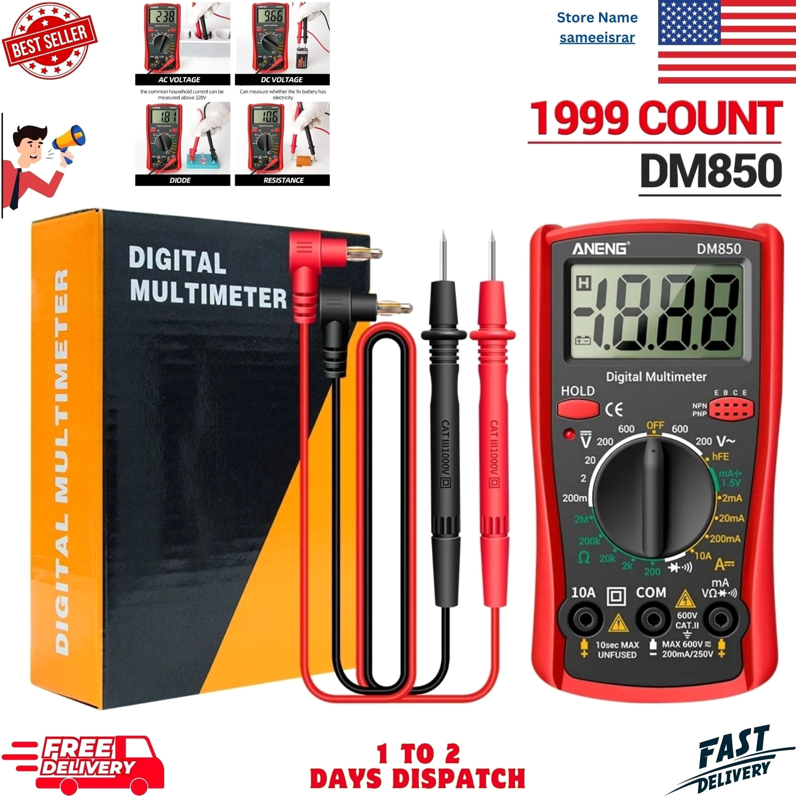 DM850 Professional Digital Multimeter 1999 Auto AC/DC Votage Tester Ohm Current