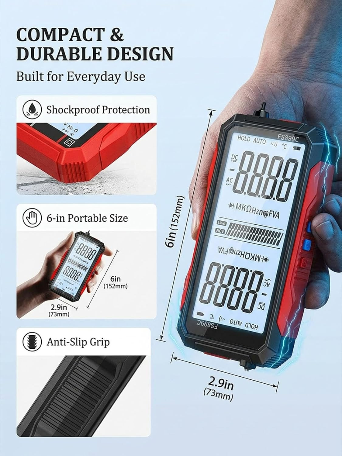 USB Rechargeable Digital Multimeter 6000 Counts Large Color Screen & Backlight F