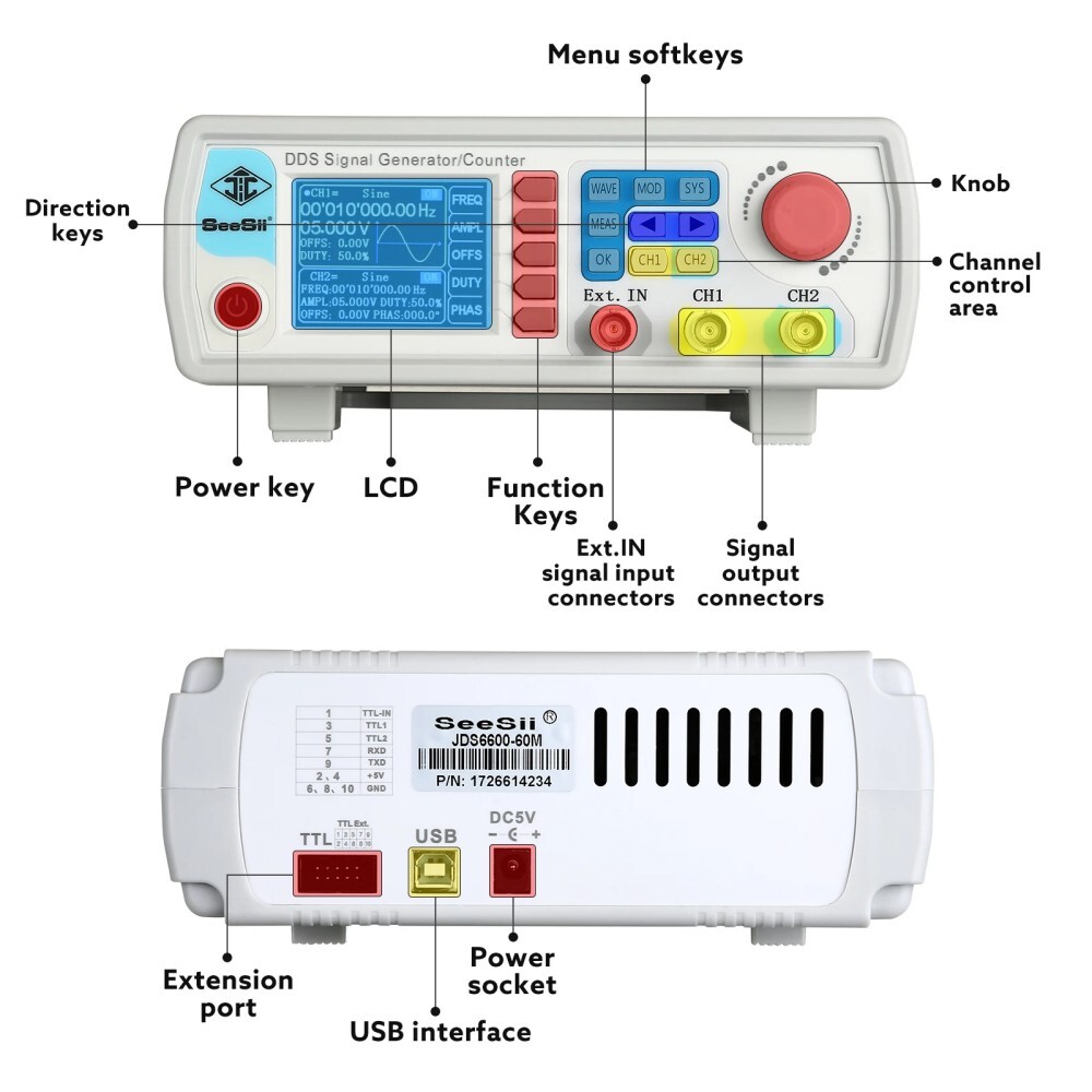 2-channel DDS Arbitrary Waveform Generator 60MHz 200MSa/s DDS Signal Generator