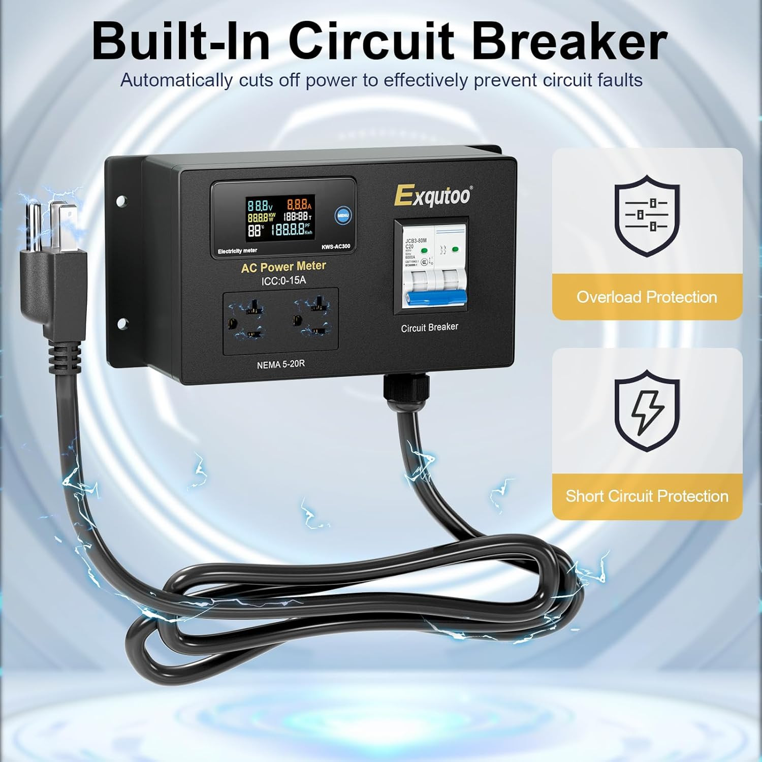 AC Power Meter, 120/240 VAC NEMA 5-15P to NEMA 5-20R Outlet with Breaker & Voltm