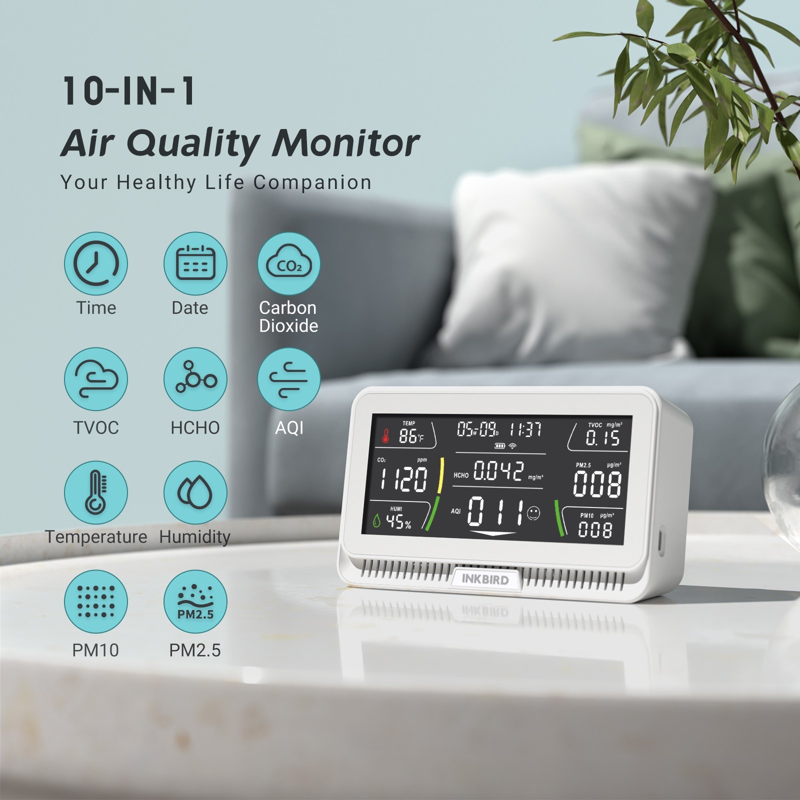 INKBIRD Co2 Monitor Air Quality Detector 10-IN-1 Real-time Monitoring HCHO AQI