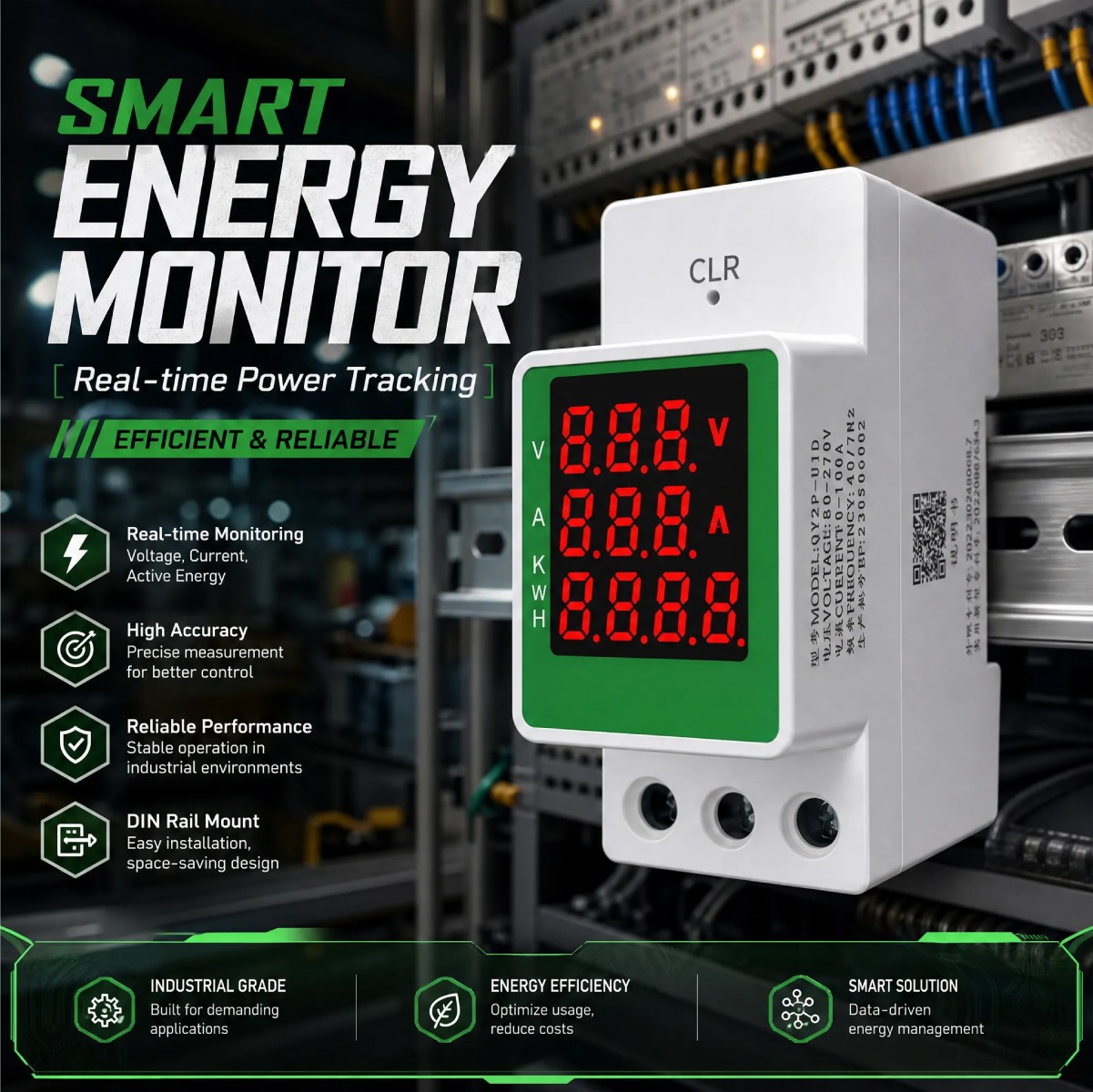 Electric Power Meter Monitor Watt Power KWH Din Rail AC 110V 220V 100A Voltmeter
