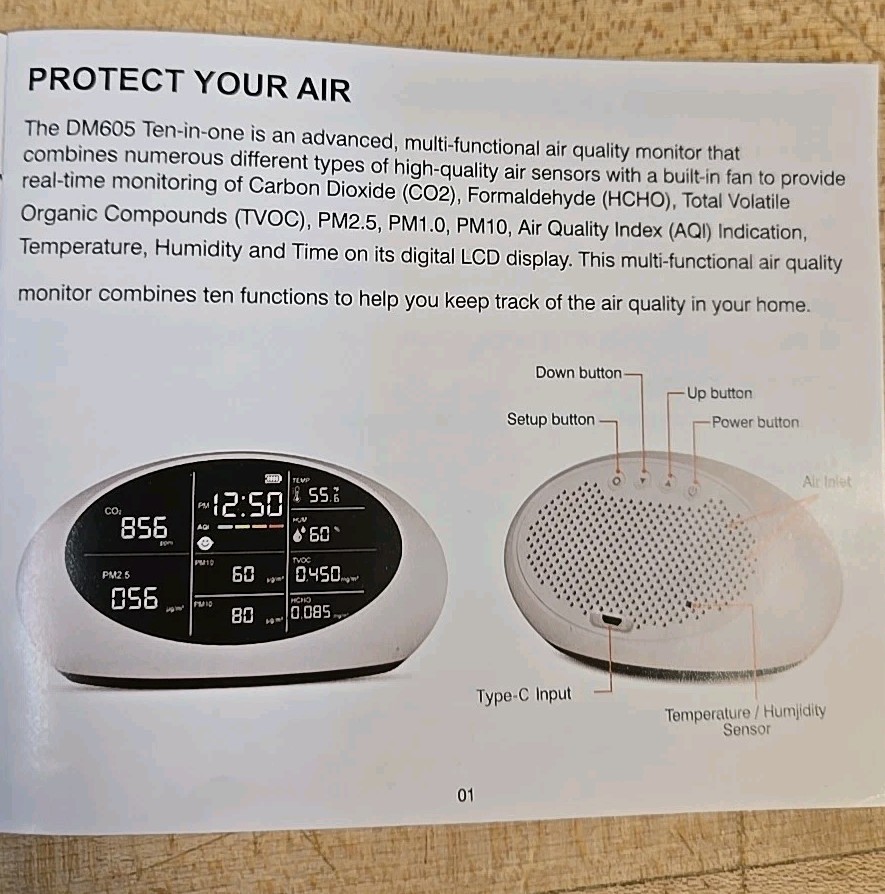 DM605 10-in-1 Air Quality Monitor Indoor Portable USB With Charger And Manual