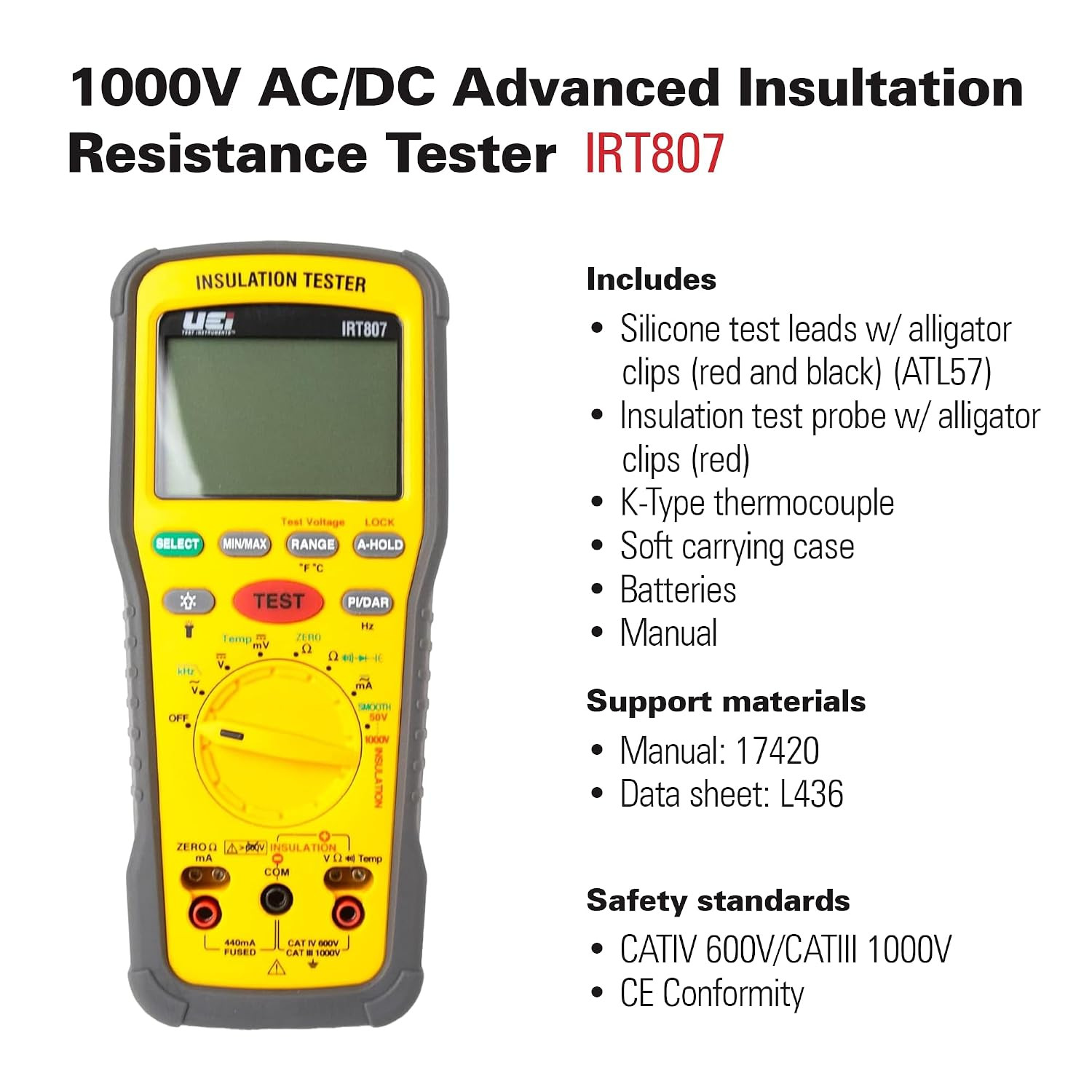 Uei IRT807 Insulation Resistance Tester 1000V AC/DC, Advanced Megohmmeter Measur