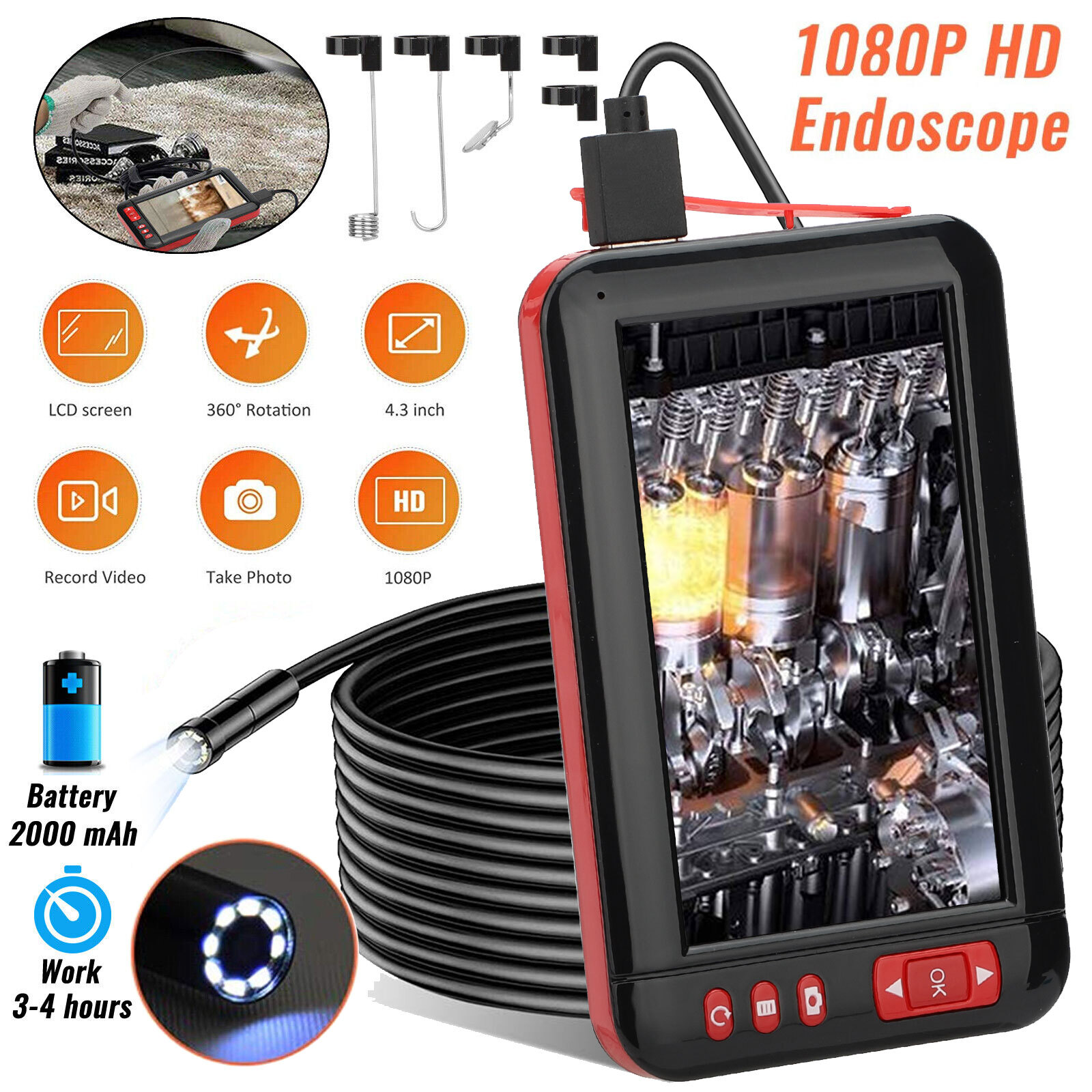 Industrial Endoscope 1080P HD 4.3” LED Screen Borescope Inspection Snake Camera