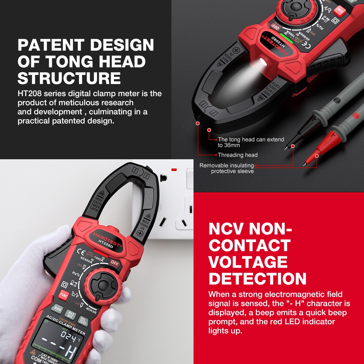 HABOTEST HT208A Handheld Clamp Meter Volt Am Ohm NCV DC AC MAX 1000V True RMS