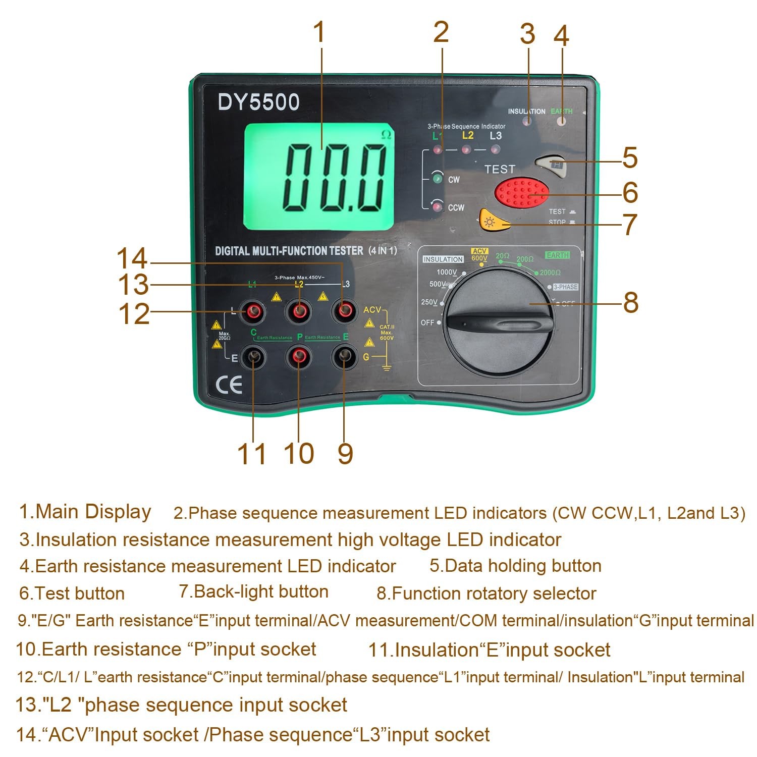 1000V Digital Insulation Tester 2000Ω Ground Earth Resistance Meter For Testing