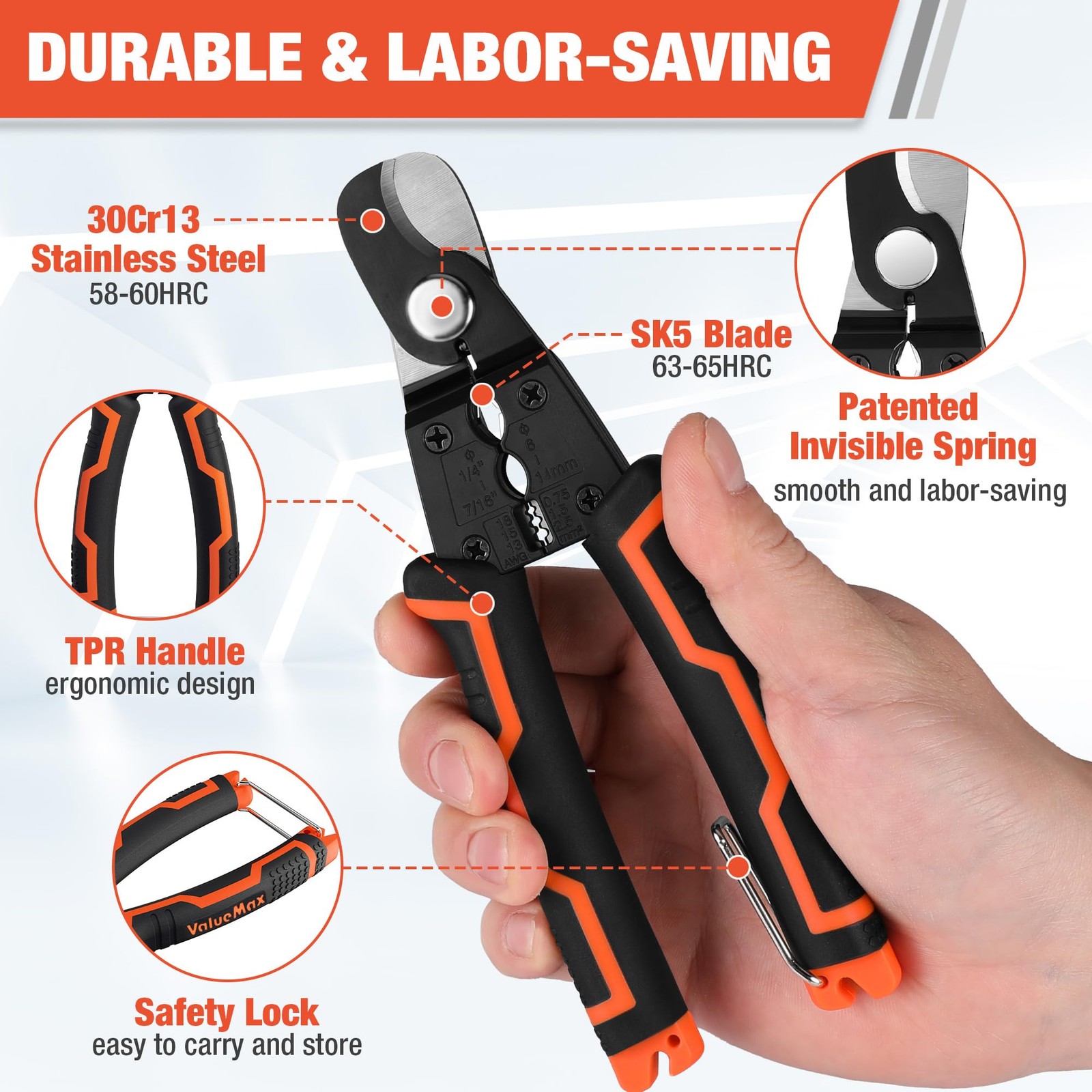 ValueMax 7 Inch Wire Stripper, Cable Cutters, Jacket Removal Orange; Black