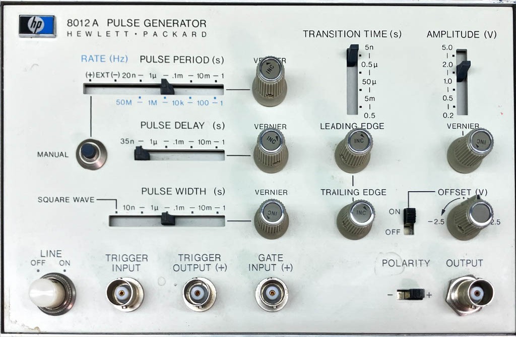 HP 8012A Pulse Generator, 1Hz-50MHz, 20ns-1s Period, ±2.5V Offset, 115/230VAC