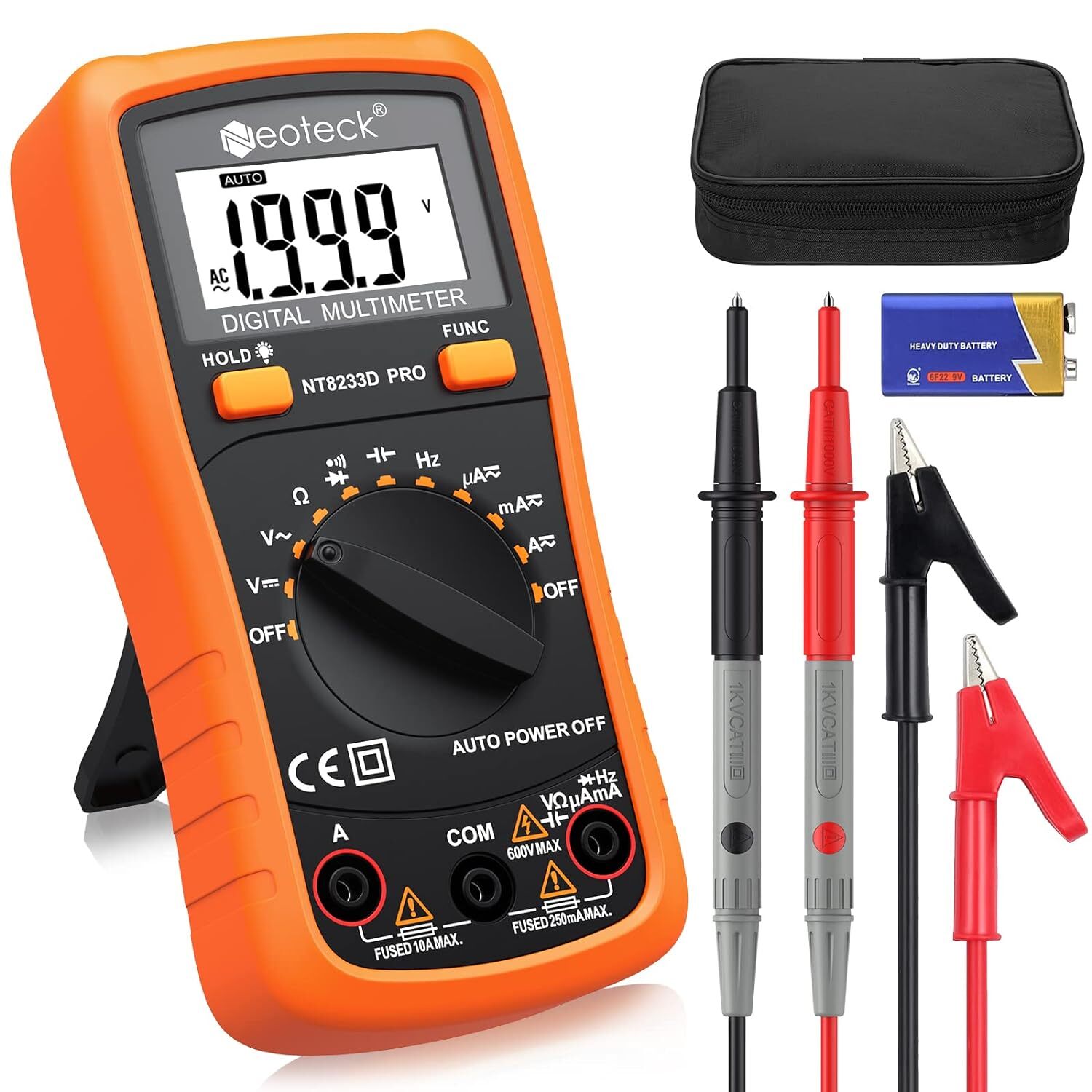 Neoteck 8233D Pro Pocket Digital Multimeter Orange 2000 Counts Backlit Display