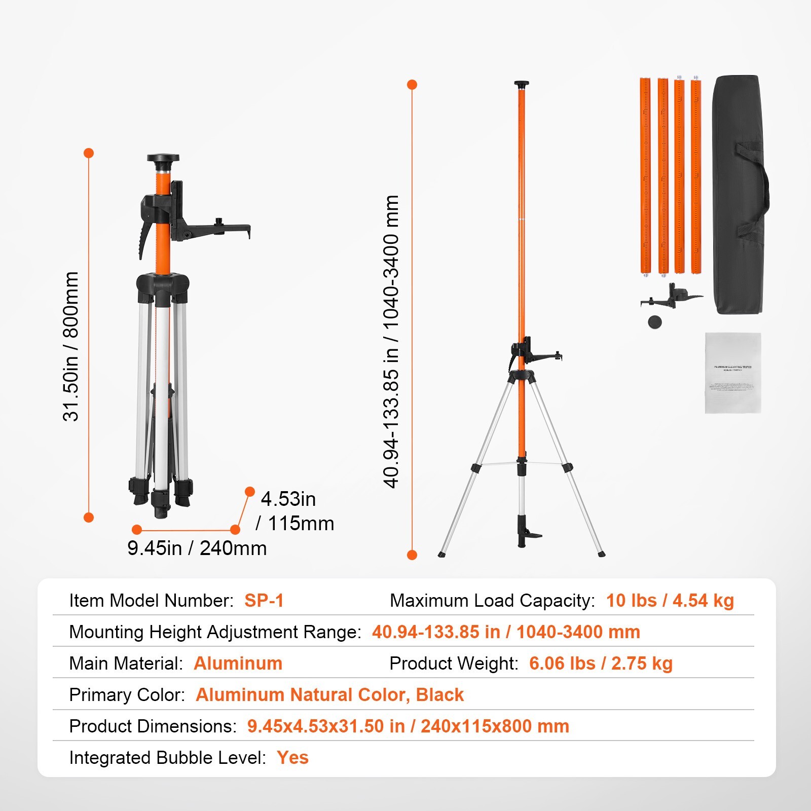VEVOR Laser Level Tripod 1/4″-20 & 5/8″-11 Thread 40.94-133.85 in Height Adjust