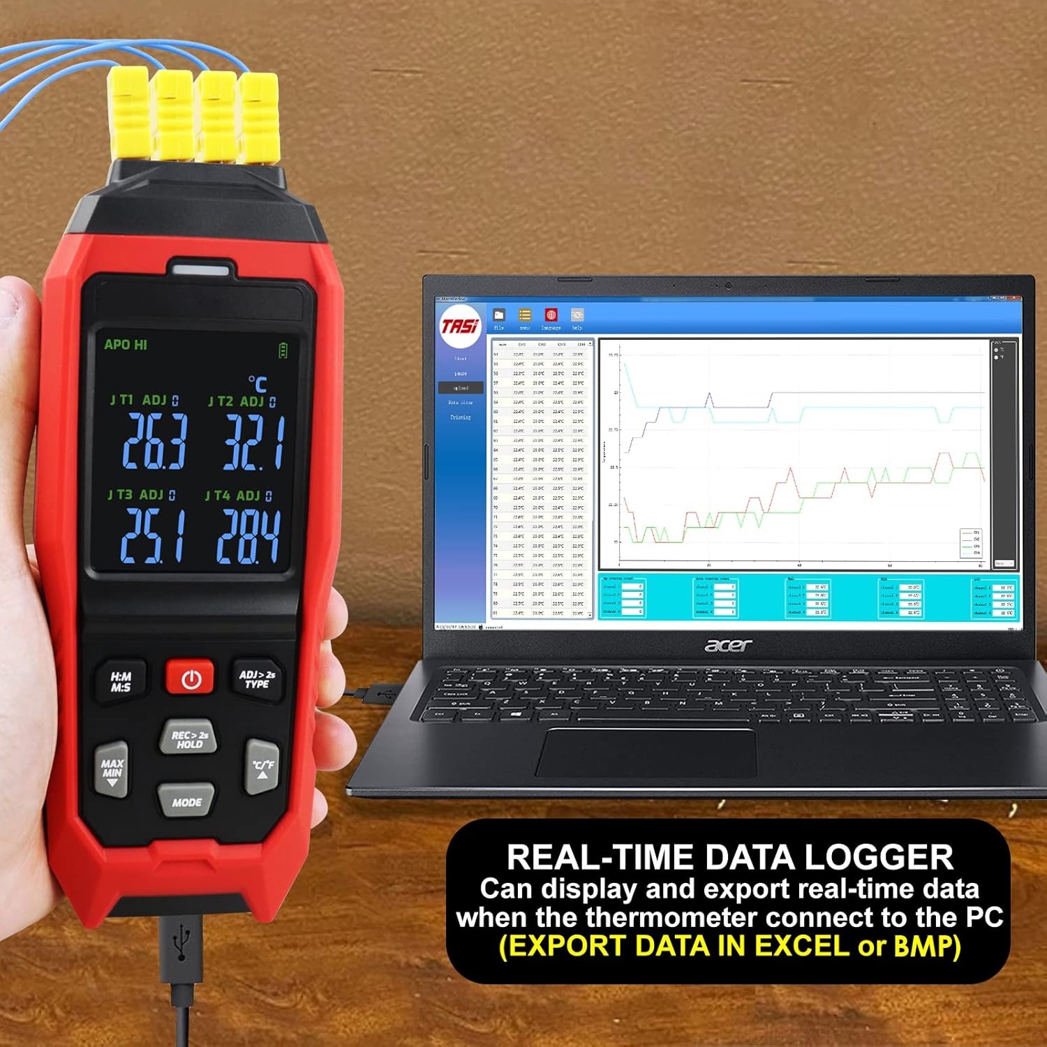 4-Channel K-Type Thermocouple Thermometer Data Logger, -328~2501°F
