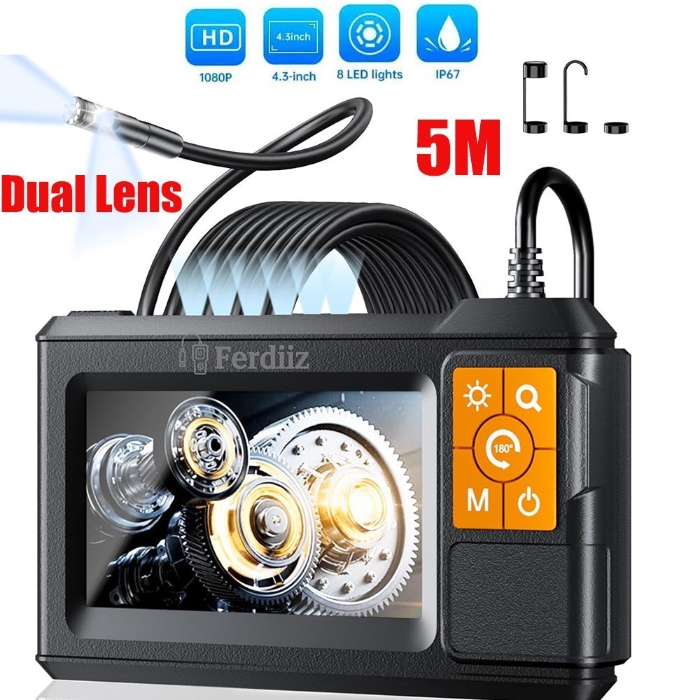 Upgrade Dual Lens Endoscope with Light 4.3 Inch IPS Screen with 8 LED lights