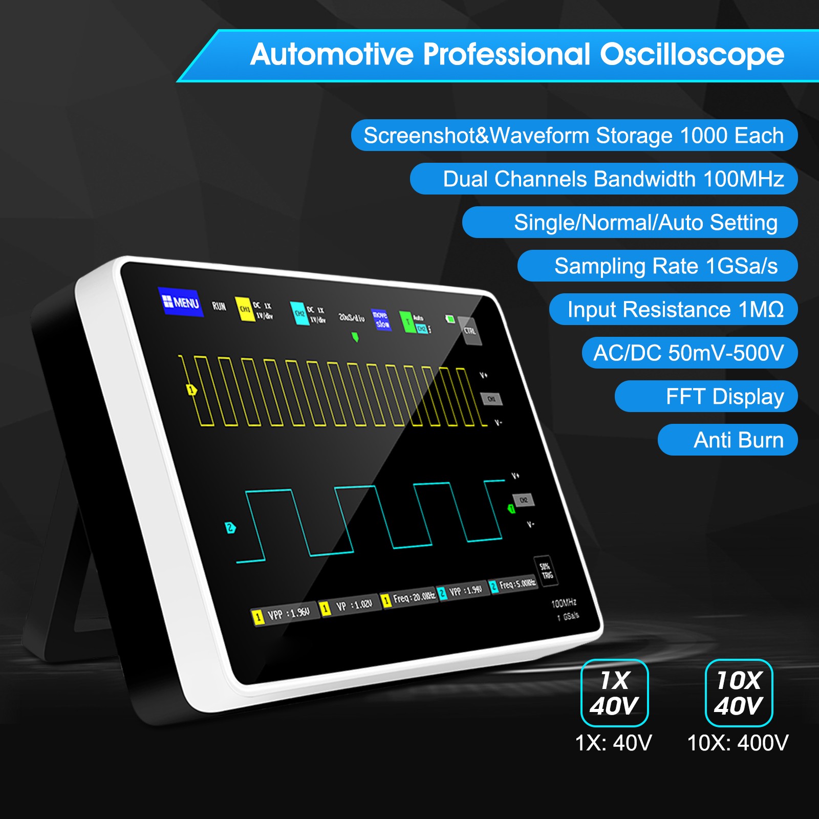 Portable 7″ Touchscreen Tablet Digital Oscilloscope 2CH 100MHz 1GSa/s 1GB Memory