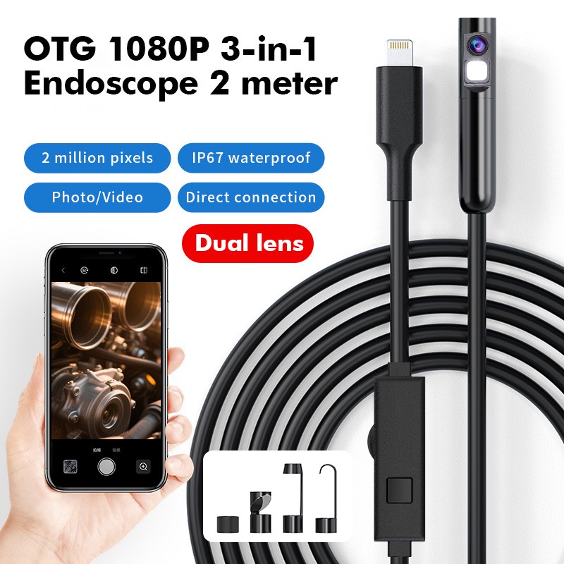 2M Dual Lens Borescope 1080P IP67 Waterproof LED Cam Auto Pipe Engine Inspection