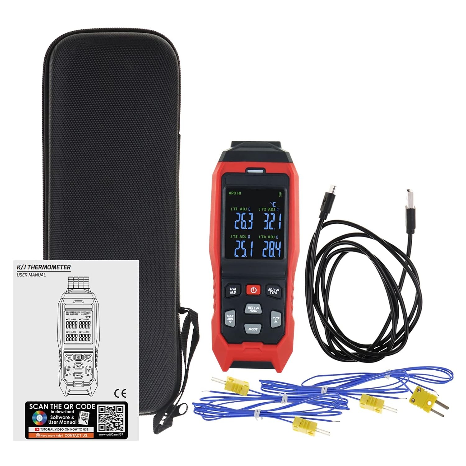 4-Channel K-Type Thermocouple Thermometer Data Logger, -328~2501°F