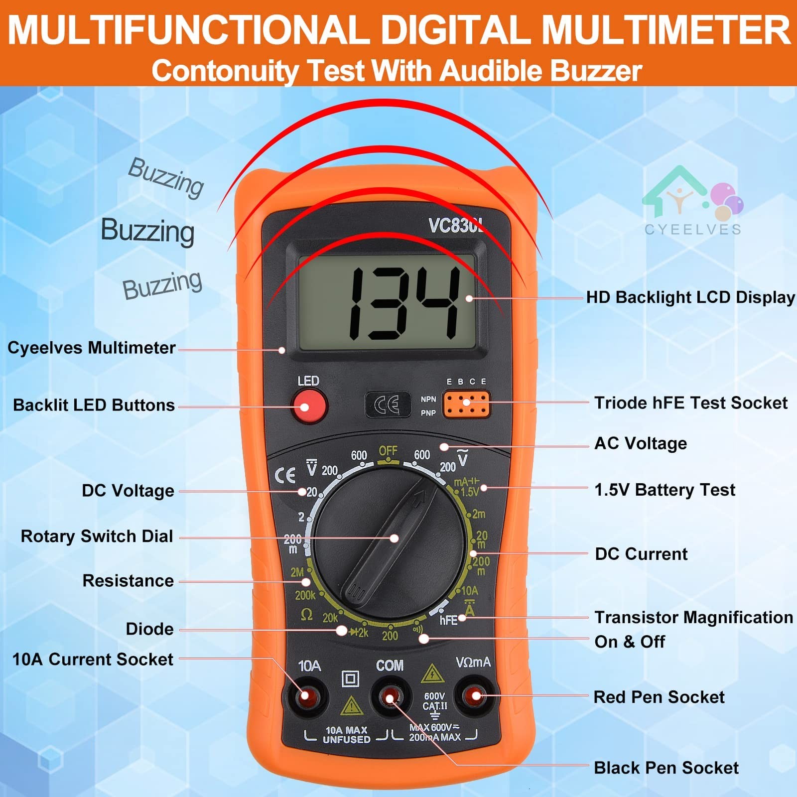 Digital Multimeter, Multimeter with AC DC 5.3 X 2.7 X 1.2 inches, Orange