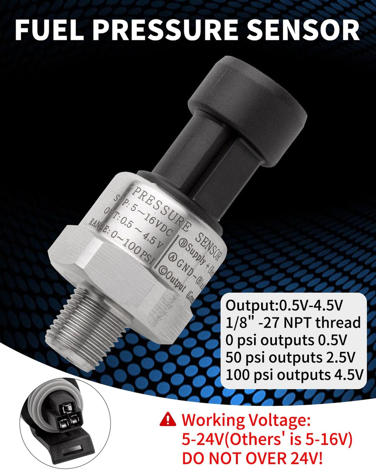 100 Psi Oil Fuel Pressure Sensor Transducer Sender 1/8″ -27 NPT Thread with H…