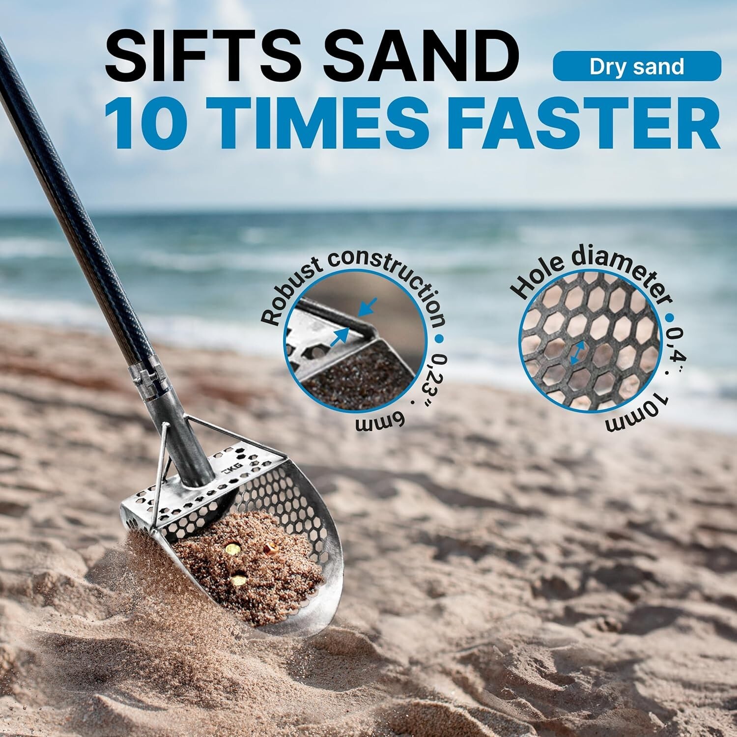 CKG Sand Scoop for Metal Detecting Sand Sifter for Beach Stainles Steel 304, 9×6