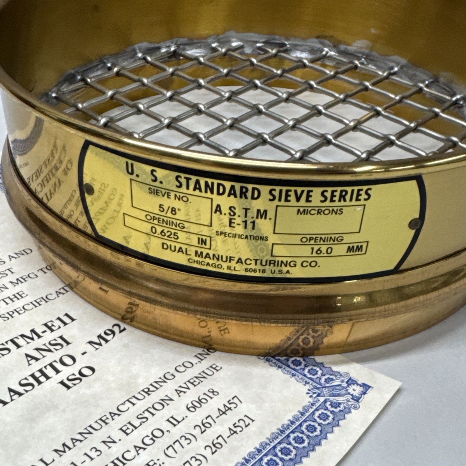 NEW Dual 8” Brass .625″ USA Standard Testing Sieve 16.0mm / 15875µm 5/8in ASTM